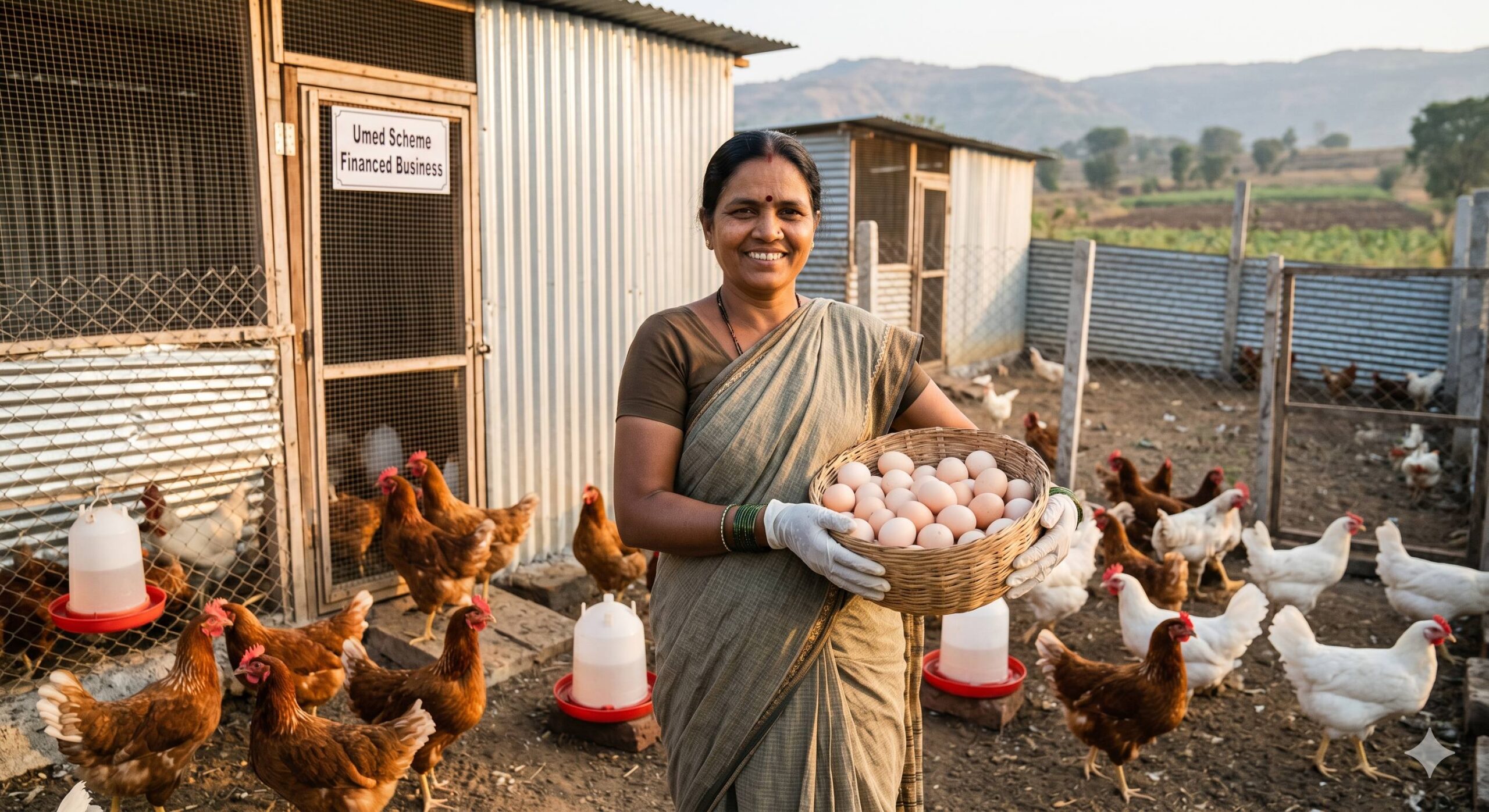 A successful Indian woman proudly operating a small-scale poultry business started using Umed scheme funds.