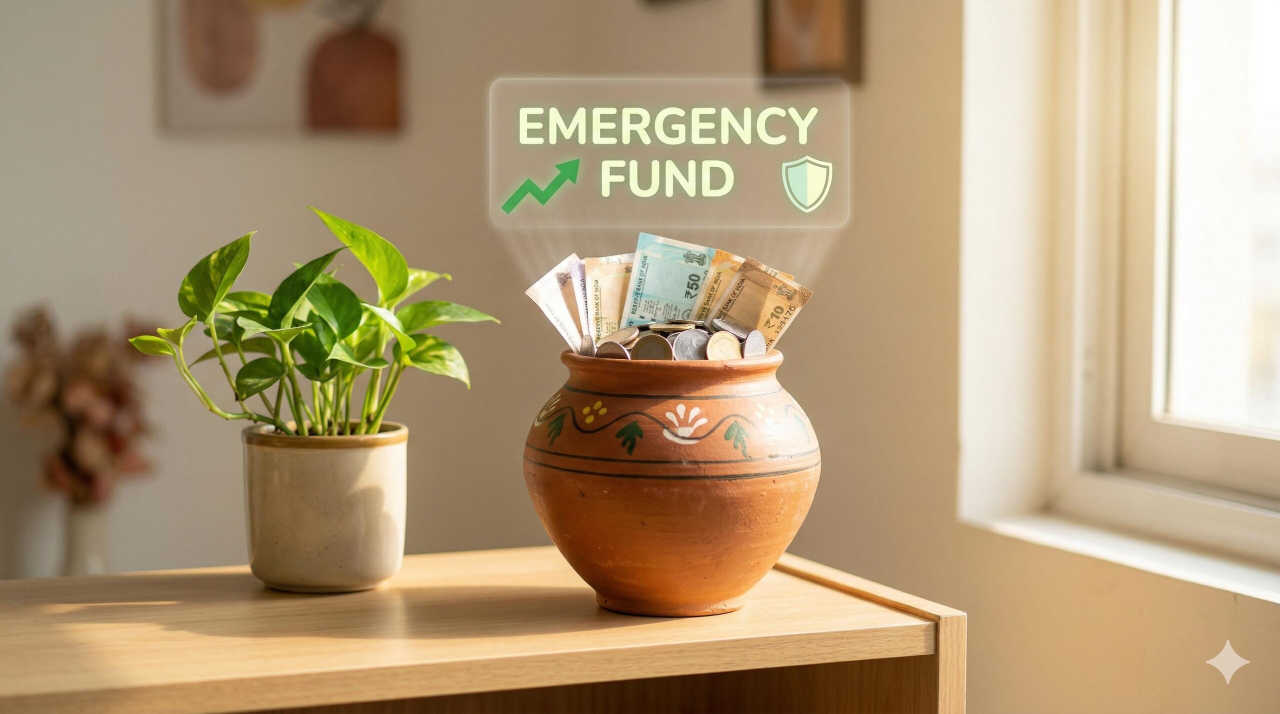 A thriving terracotta Indian savings gulak visualizing a secure and growing emergency fund.