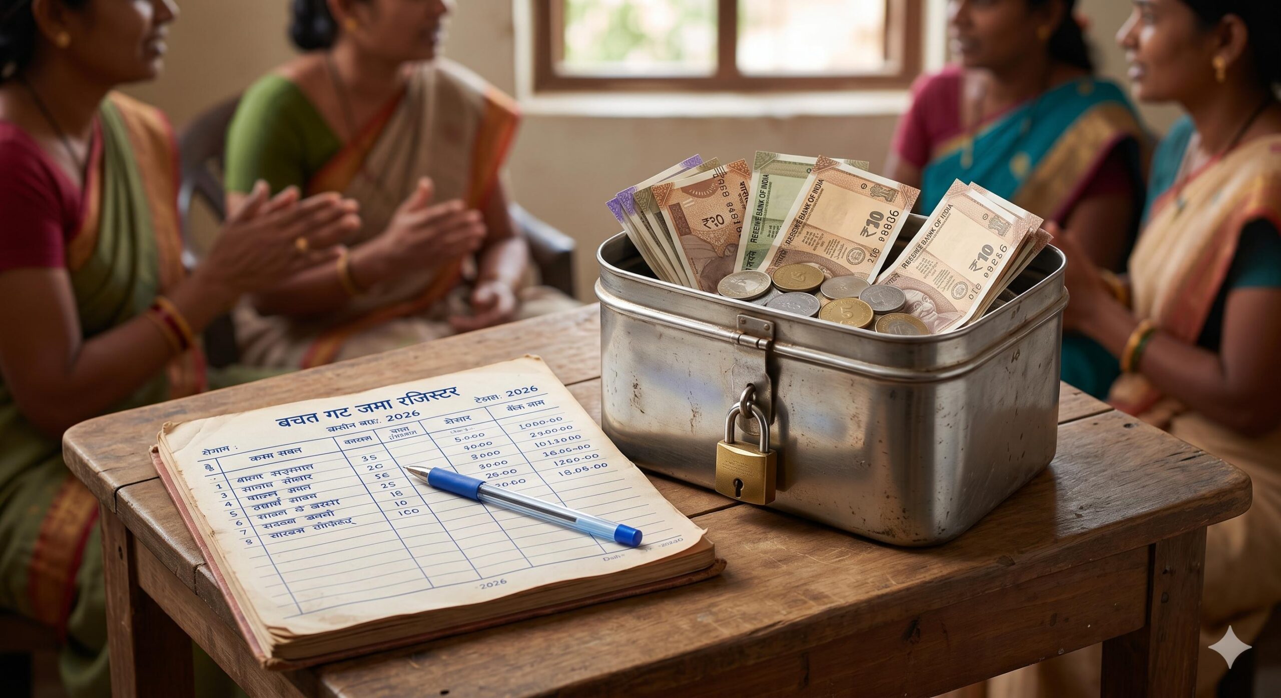 A traditional Indian steel savings dabba next to a ledger book.