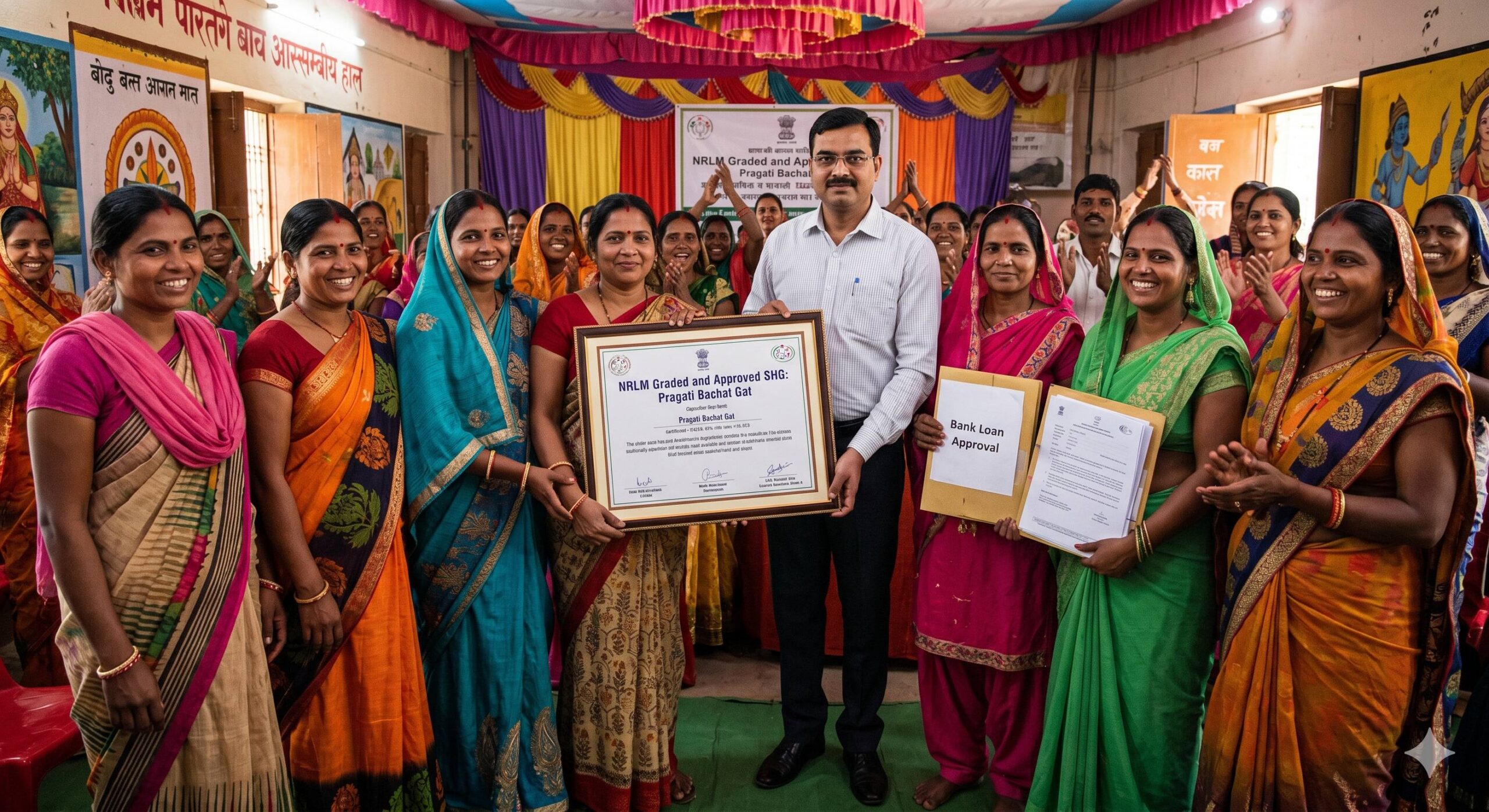 A triumphant Indian Self-Help Group receiving a government _Grading Certificate_ and low-interest loan documents from an official.