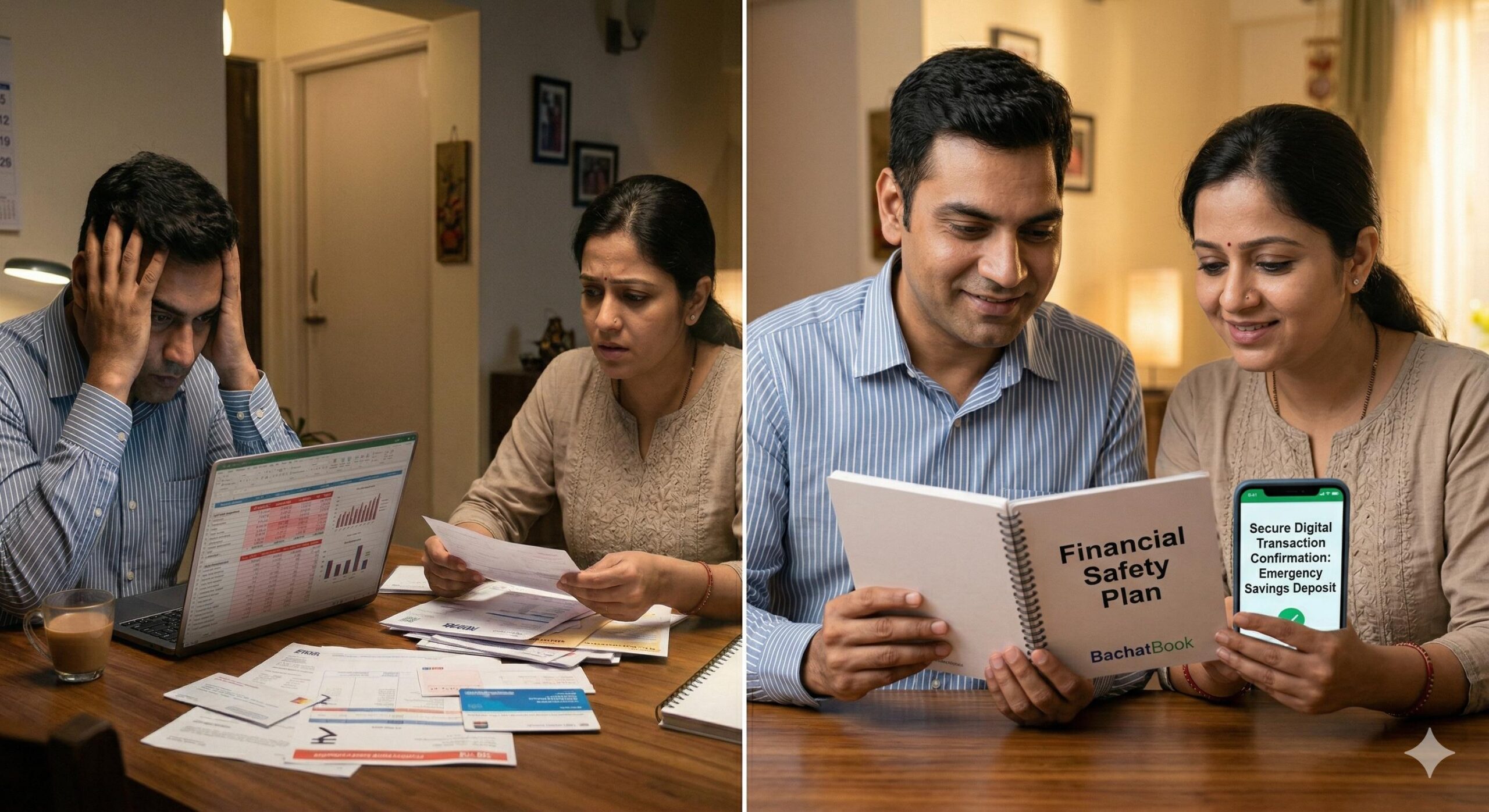 A two-panel comparison of an Indian couple moving from financial stress to confidence and control.