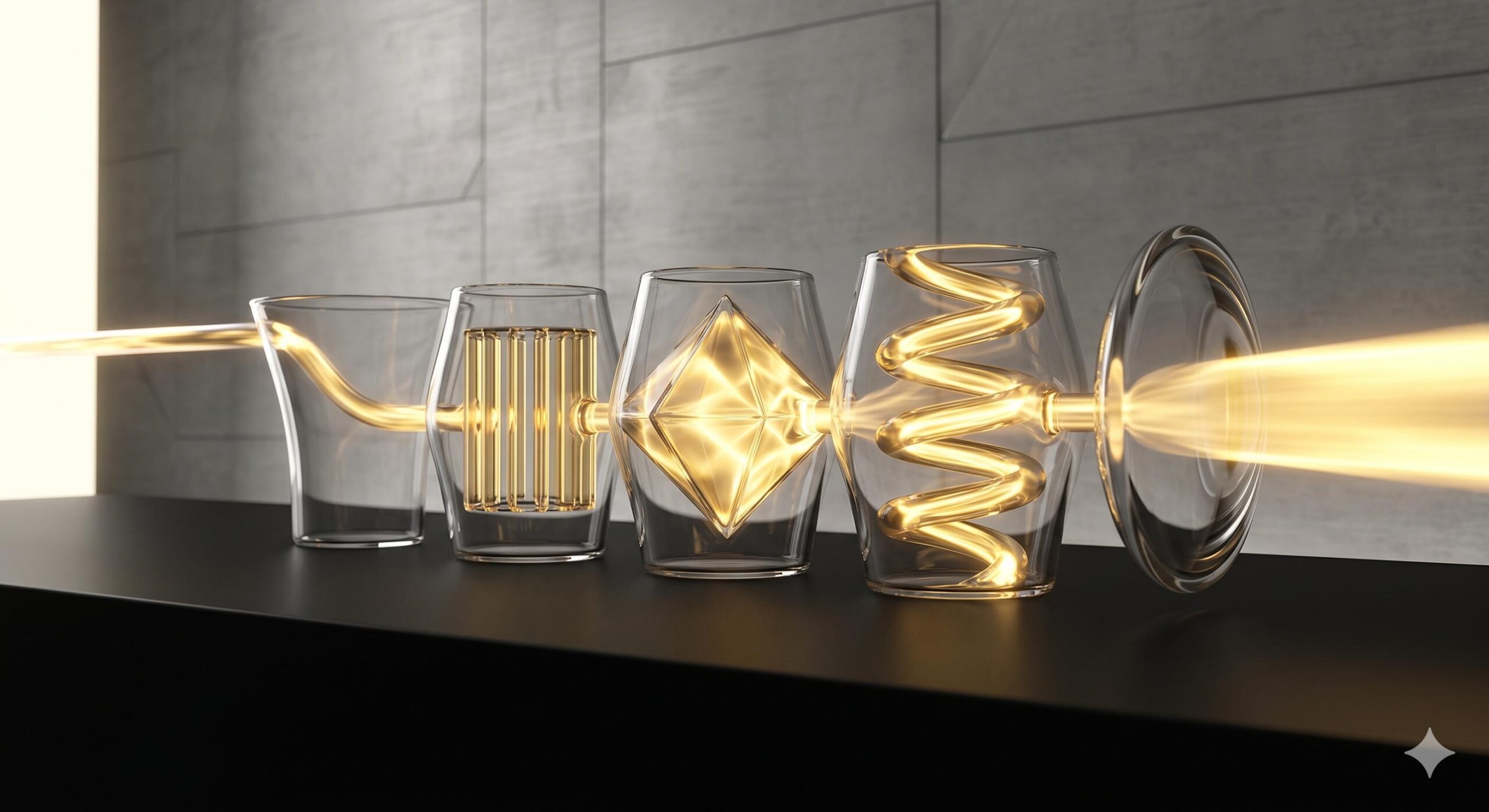 A visualization of glowing liquid light flowing smoothly through a series of five distinct, sculpted glass segments, each subtly transforming the light into a unique shape.