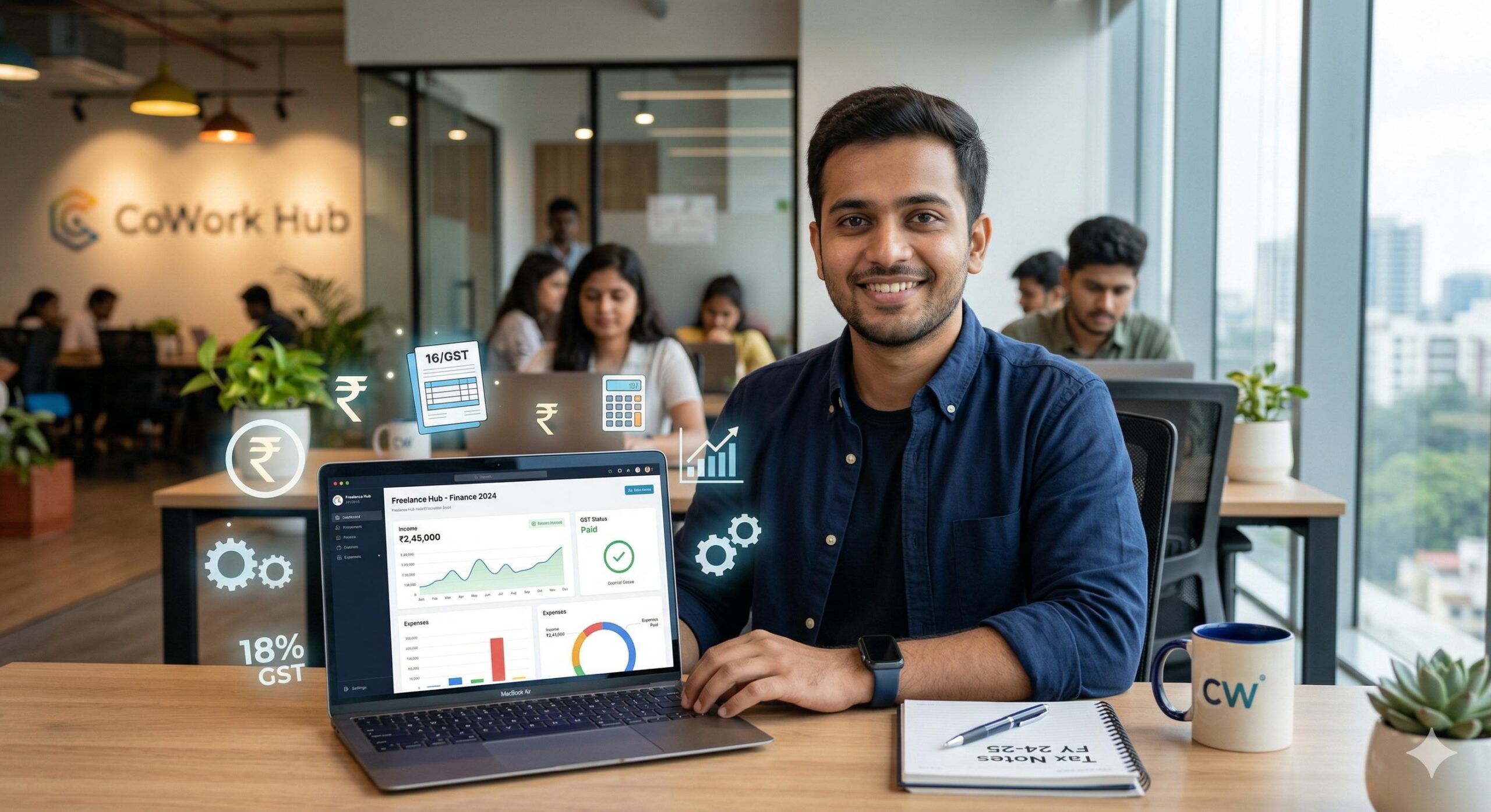 A young Indian freelancer working contentedly with business and tax symbols. (1)