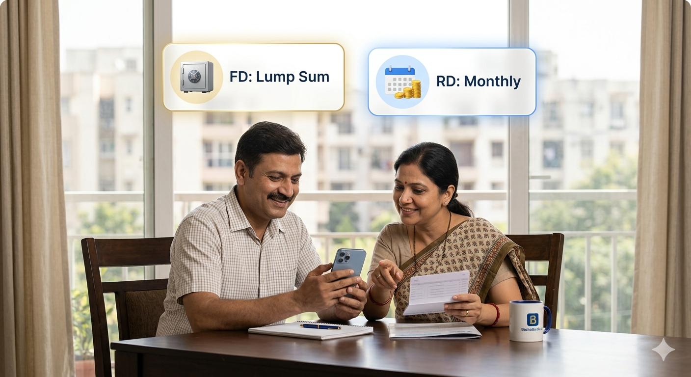 An Indian couple deciding between Fixed Deposit and Recurring Deposit in their home. _