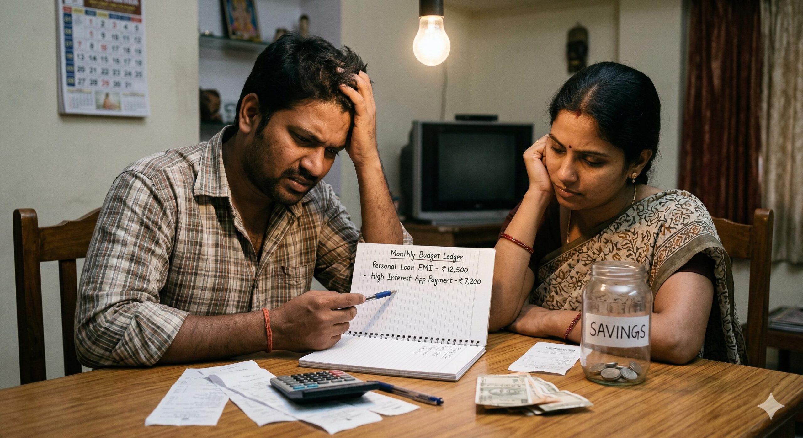 An Indian couple looking stressed and frustrated while calculating their household budget ledger due to debt.