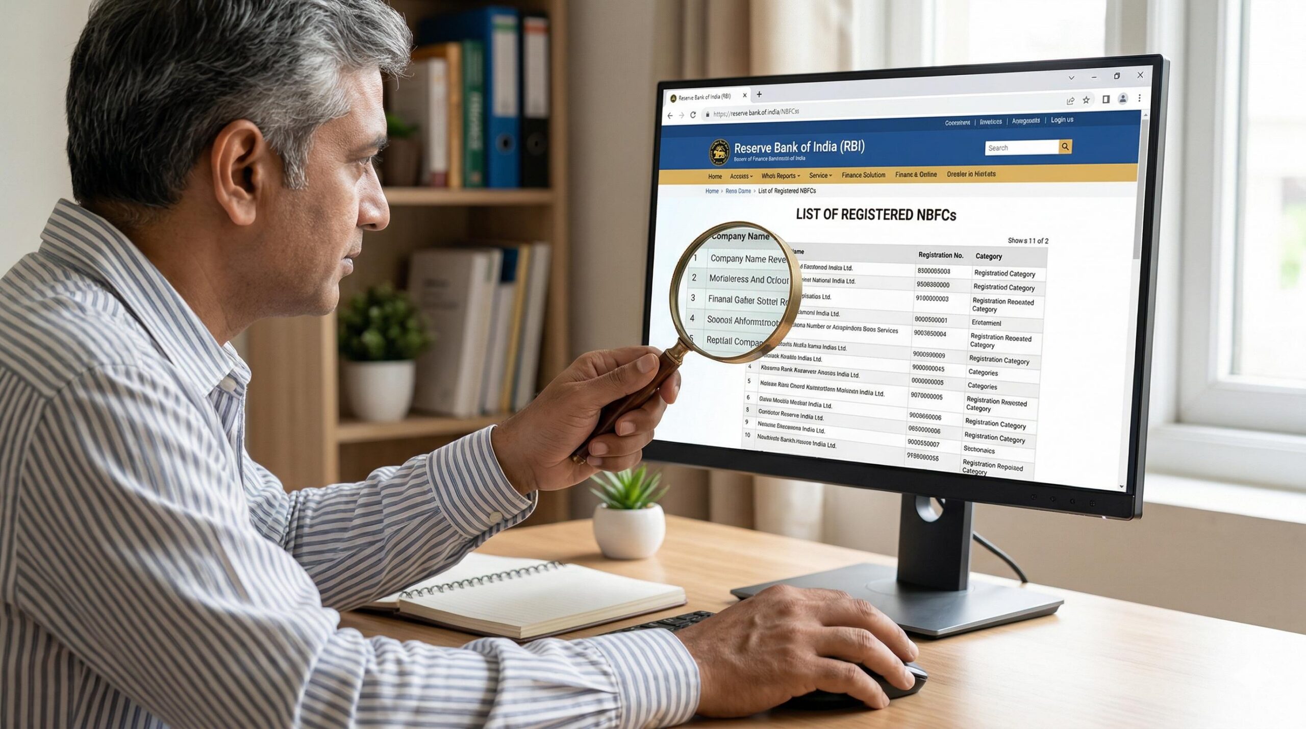 An Indian man meticulously verifying a lender on the official RBI website to ensure financial safety.