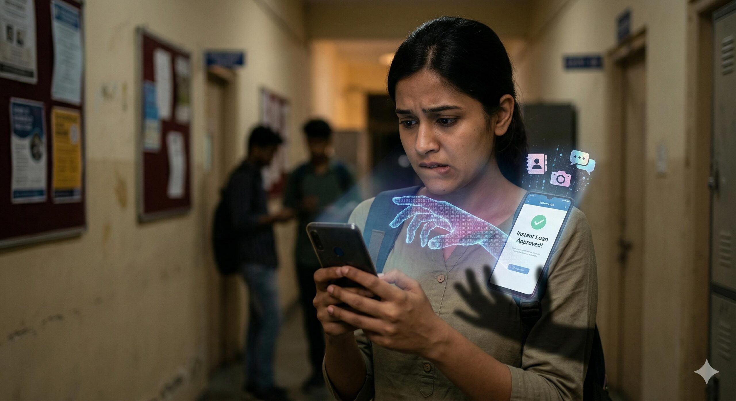 An anxious young Indian woman with a loan app on her phone that is harvesting contacts and personal data.