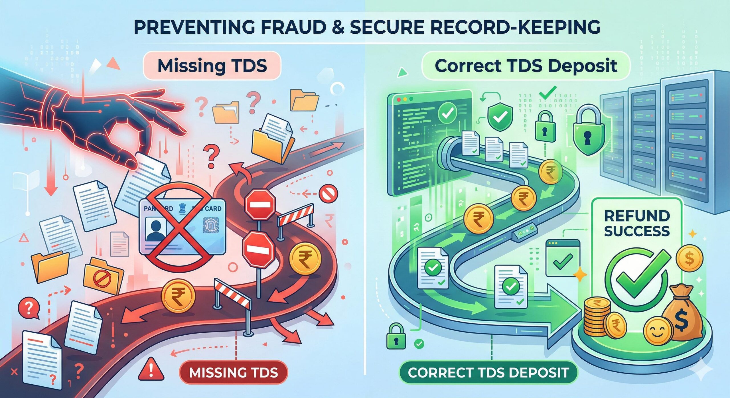An illustration contrasting missing TDS deposits with successful verified tax records.