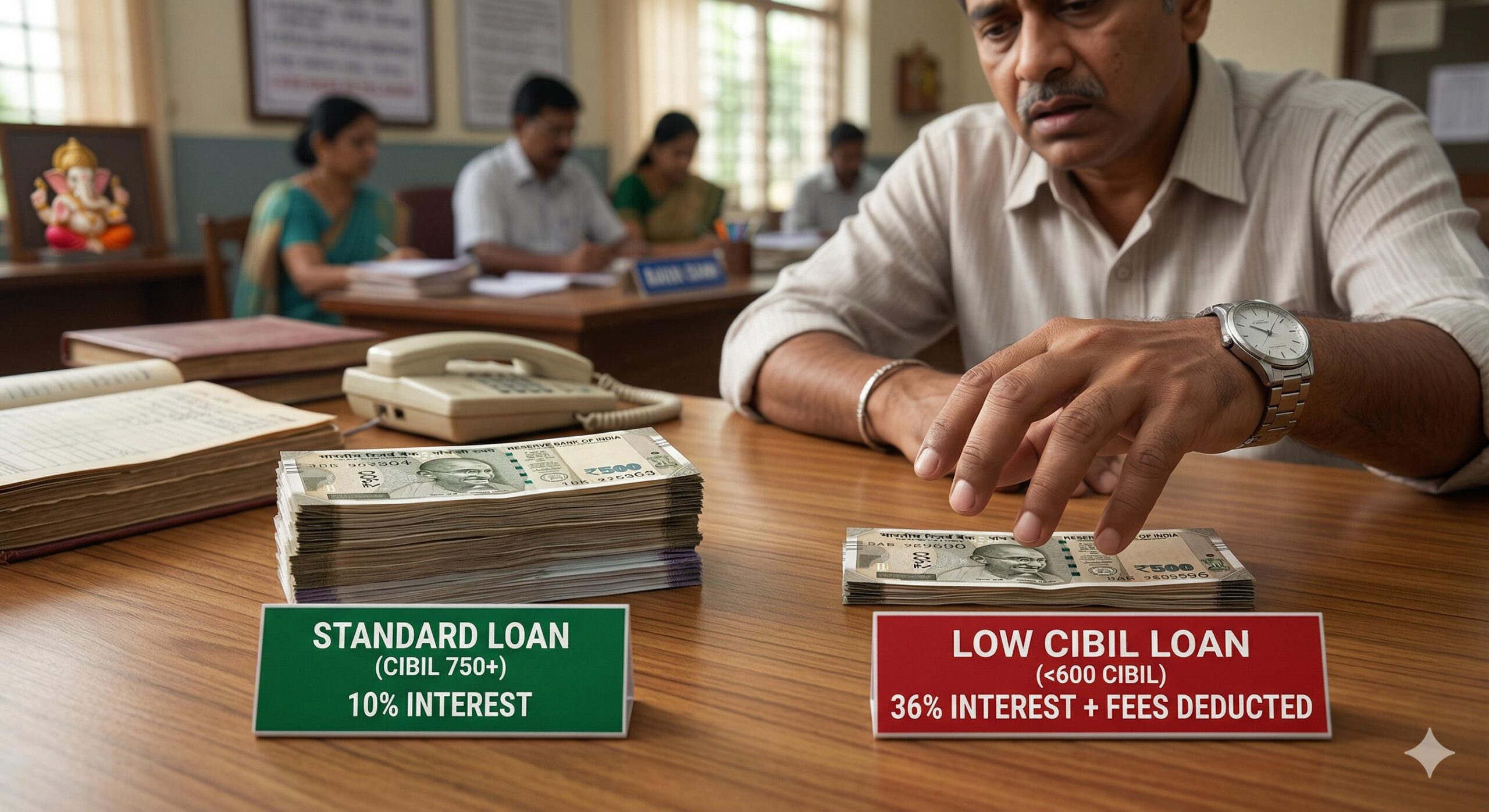 An infographic photograph comparing a standard bank loan with the much higher cost of a low CIBIL loan.