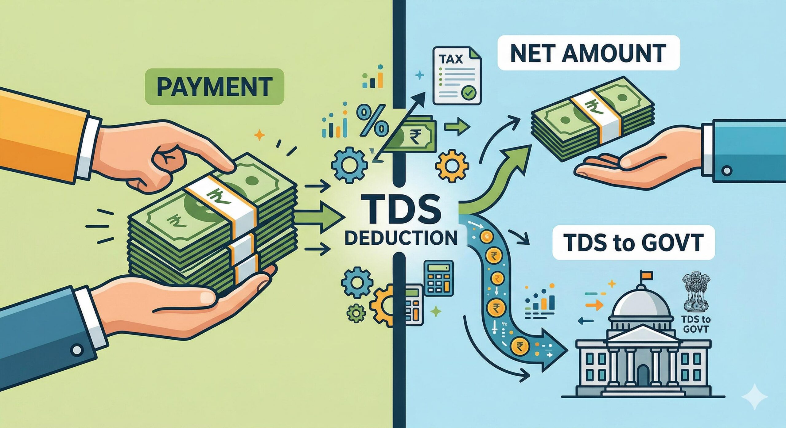 An infographic showing the flow of payment, TDS deduction, and net amount vs government payment.