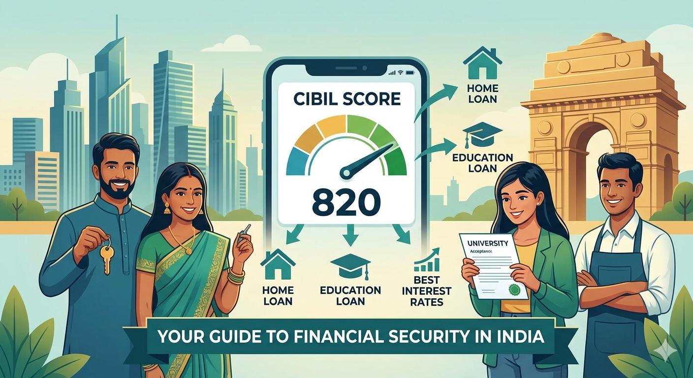 CIBIL score infographic showing Indian family, student, and business owner achieving goals with a high score.