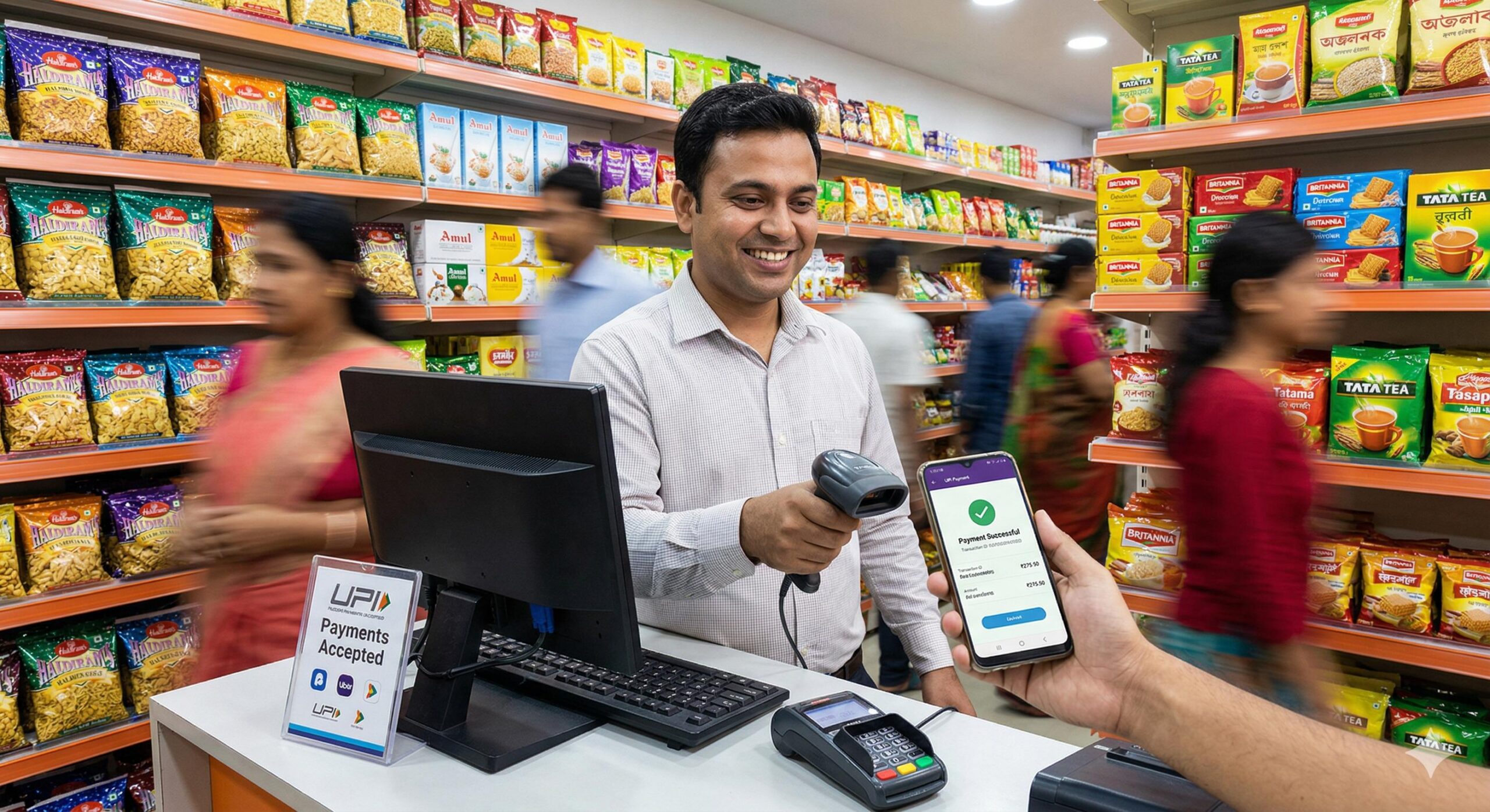 Cheerful Indian grocery store owner accepting a digital UPI payment from a customer.