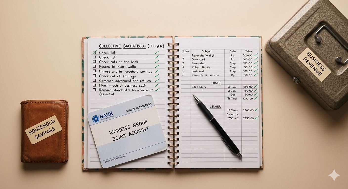 Close-up flat lay of an organized desk showing separate household and collective business finance management.