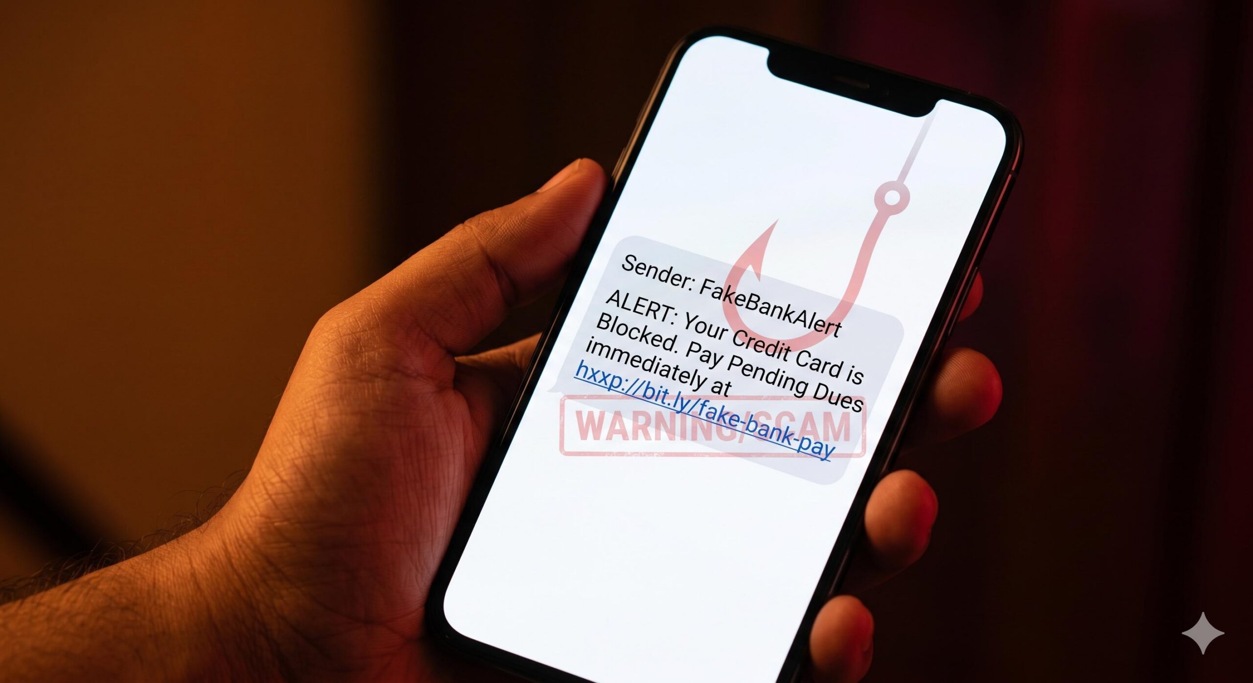 Close-up of a fraudulent SMS on a phone attempting to scam a credit card user.