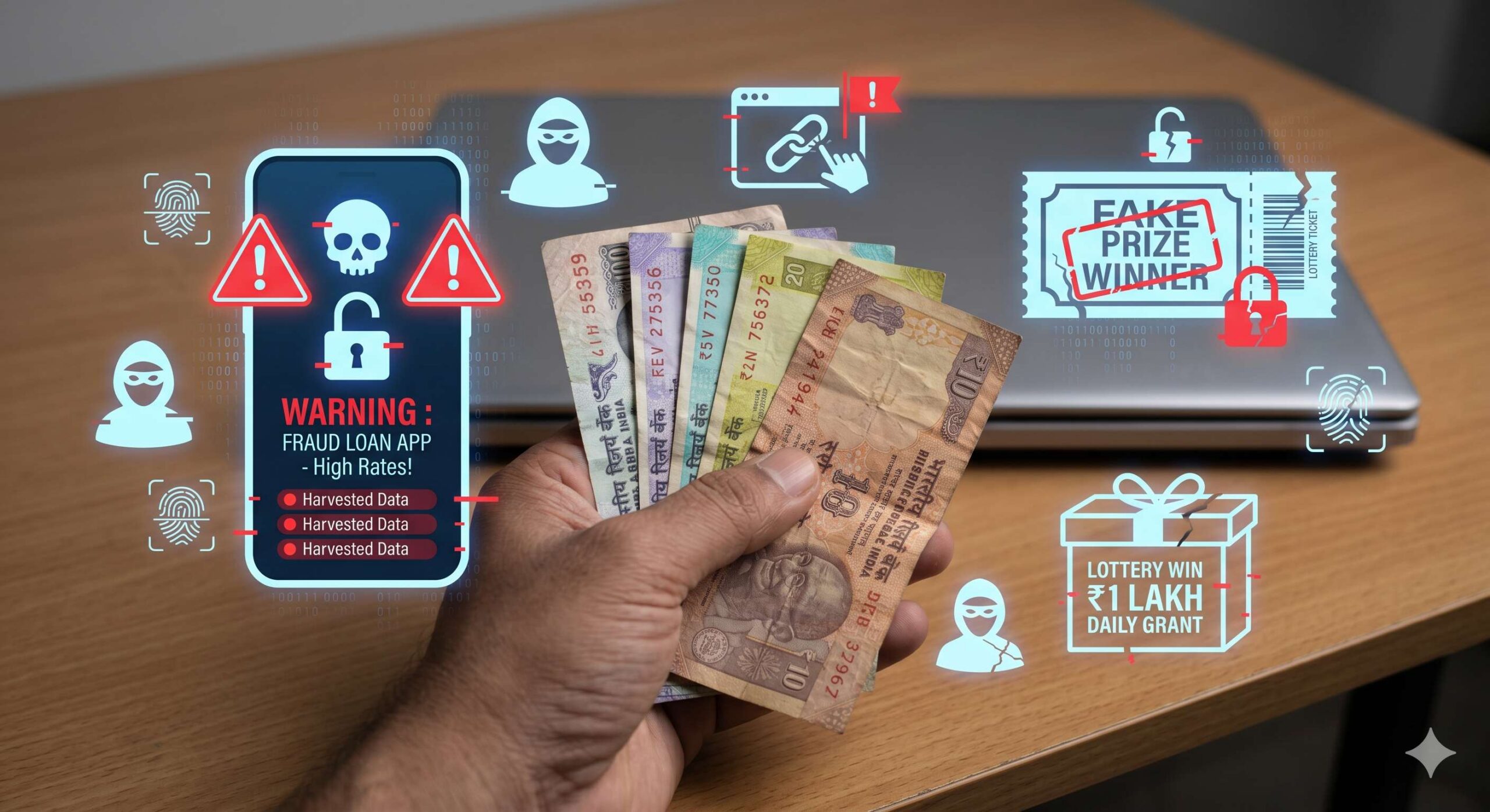 Close-up of a hand with small Indian cash and digital fraud symbols.