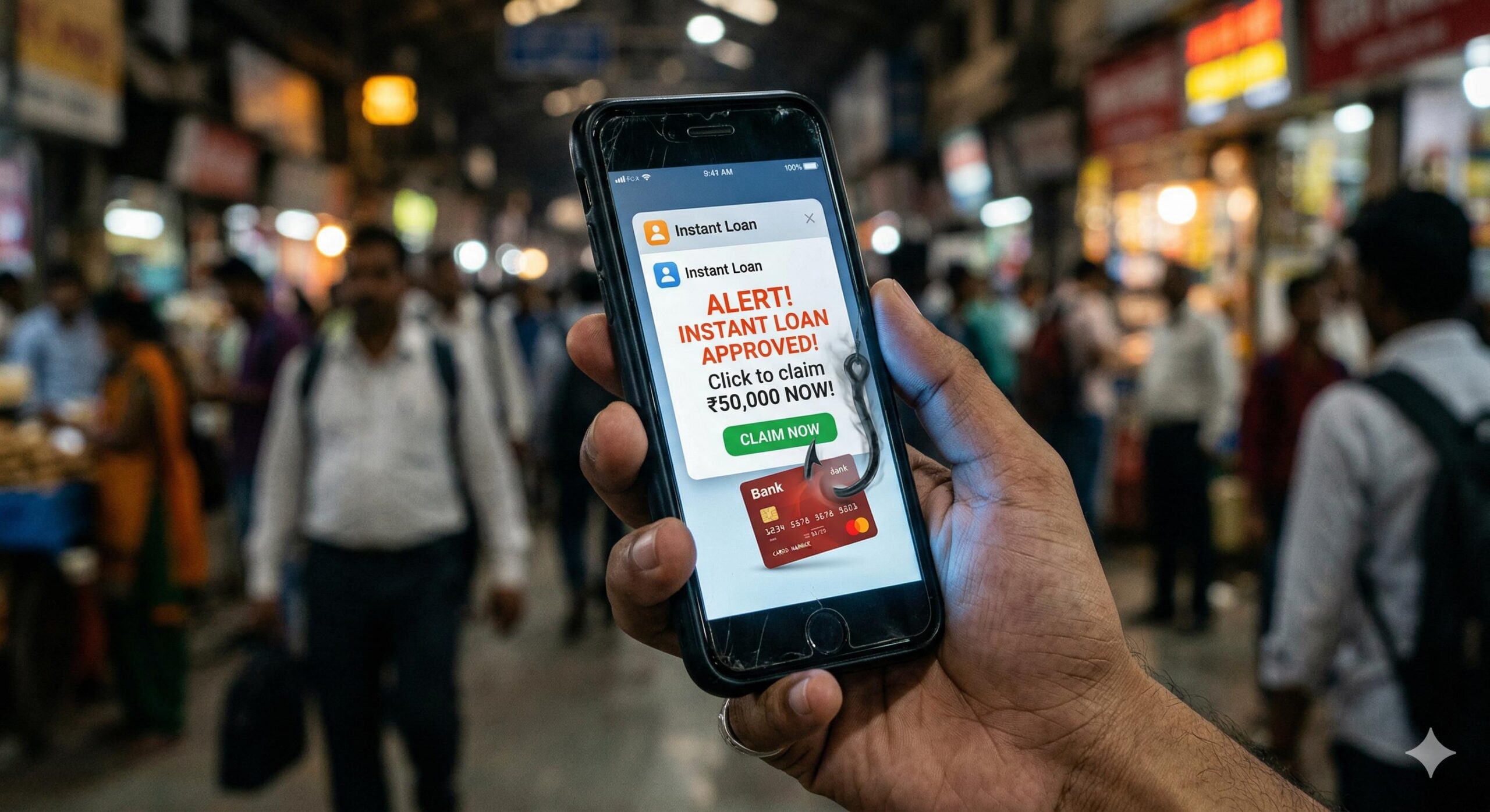 Close-up of a smartphone screen showing a deceptive instant loan scam notification in India.