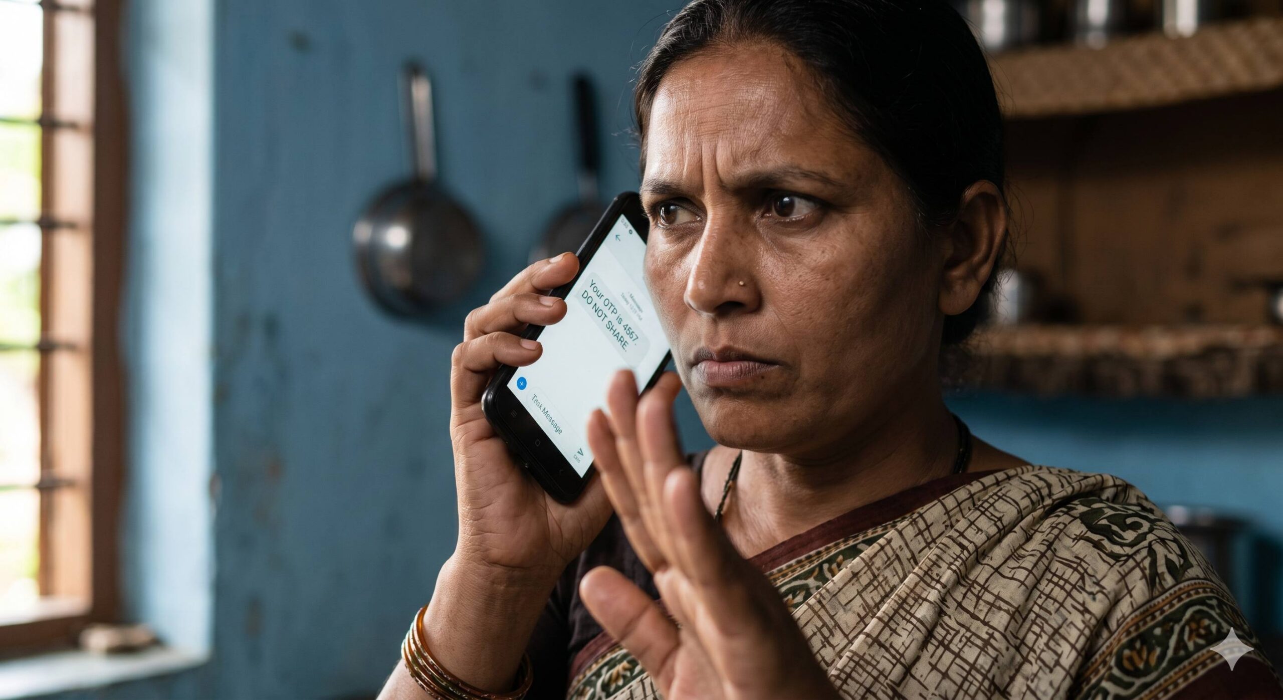 Close-up of an alert Indian woman cautiously refusing to share her OTP on her phone with an unseen person.