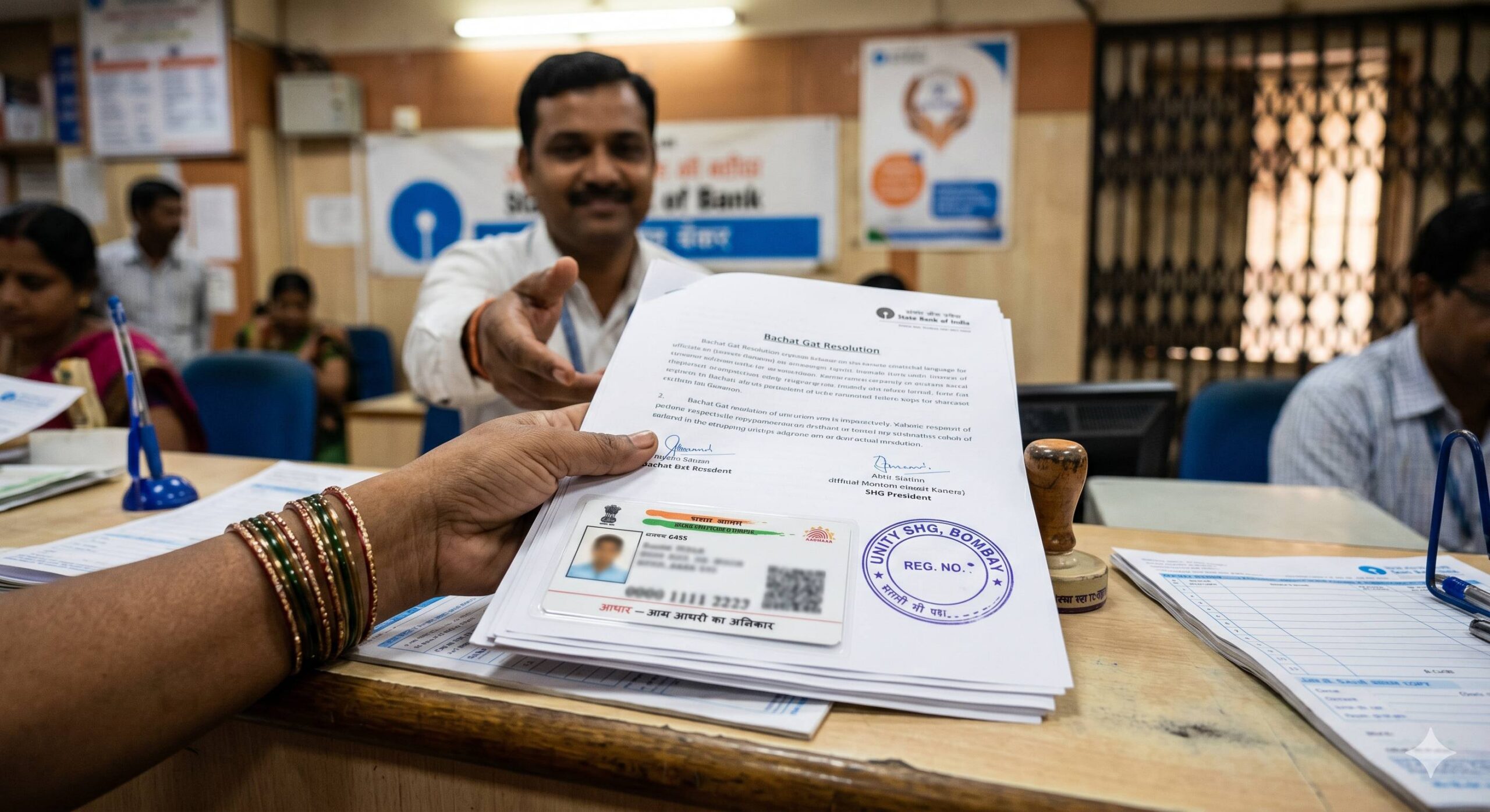Close-up view of an Indian SHG President presenting documents, an official rubber stamp, and a bank resolution copy to a bank manager.