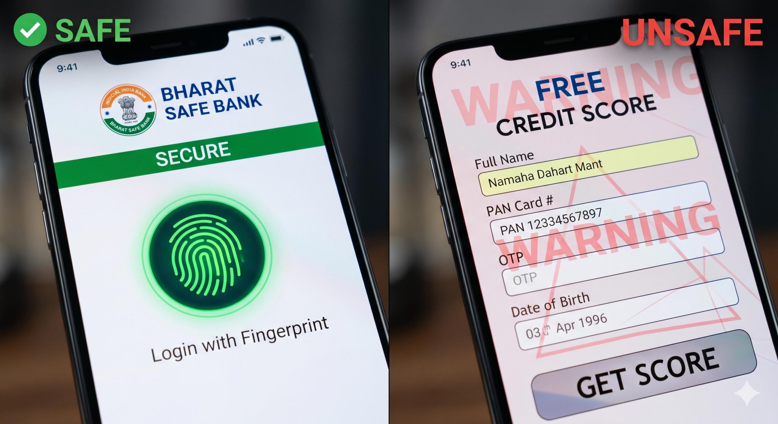 Comparison of secure bank app vs. risky data-stealing application interface.