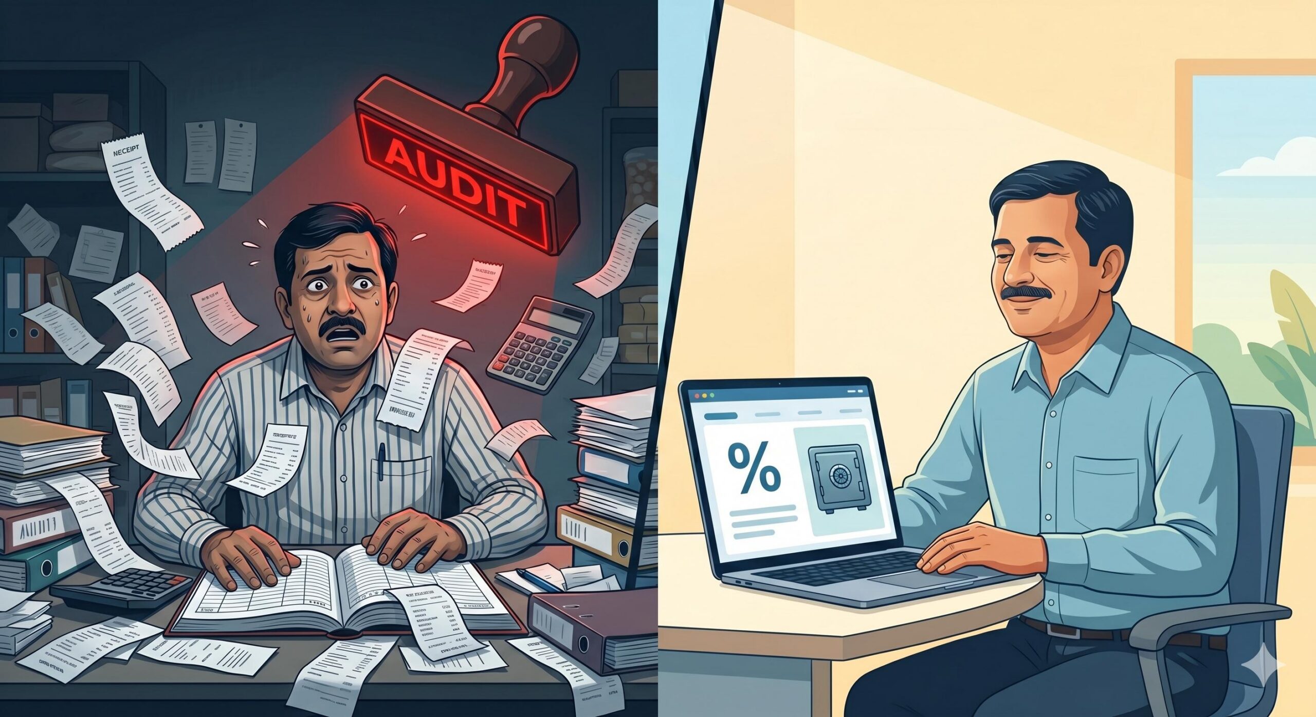 Comparison visual of overwhelming paperwork vs. the simple filing method offered by Section 44AD.