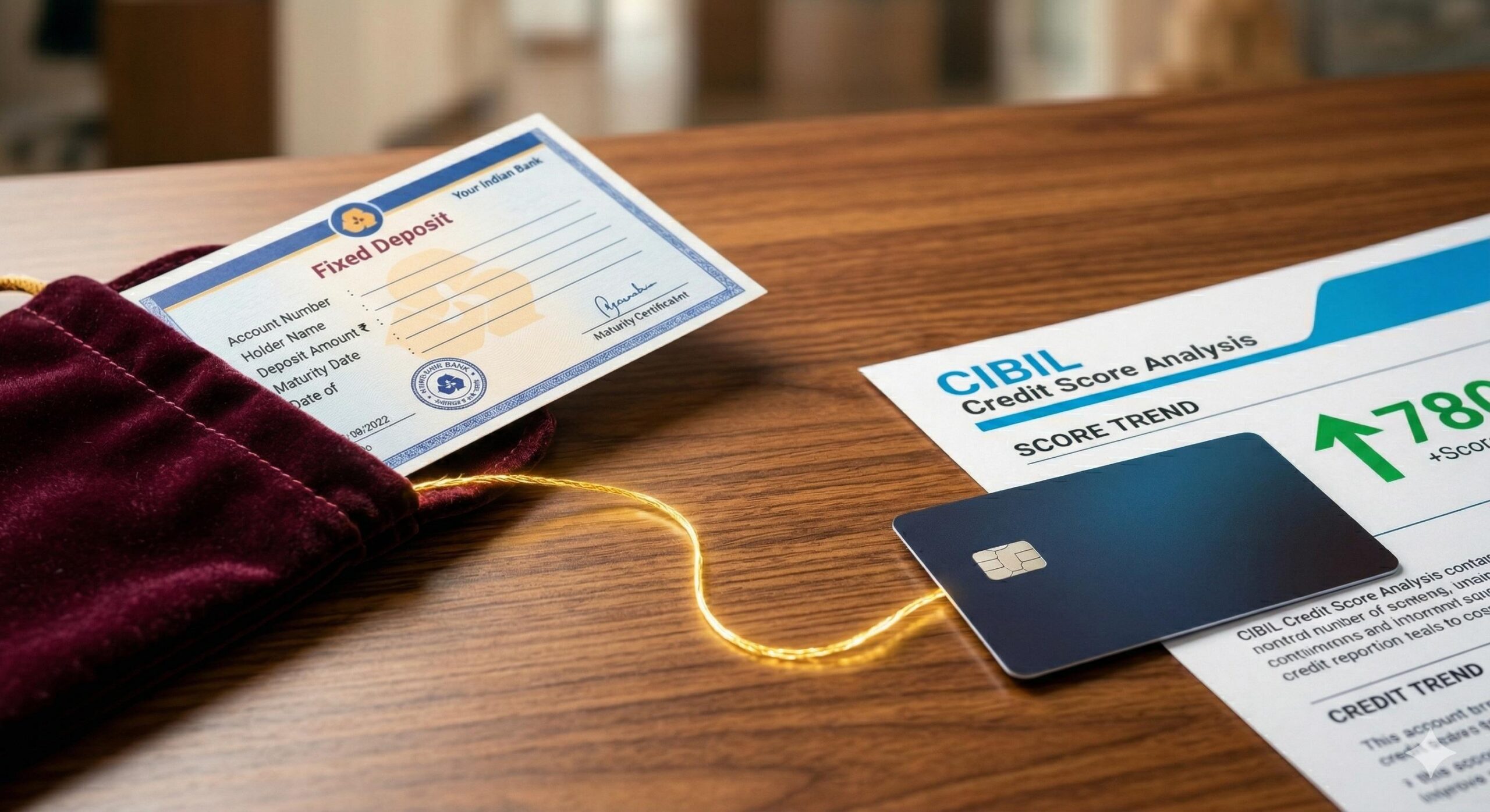Conceptual image linking a Fixed Deposit to a credit card for CIBIL improvement.