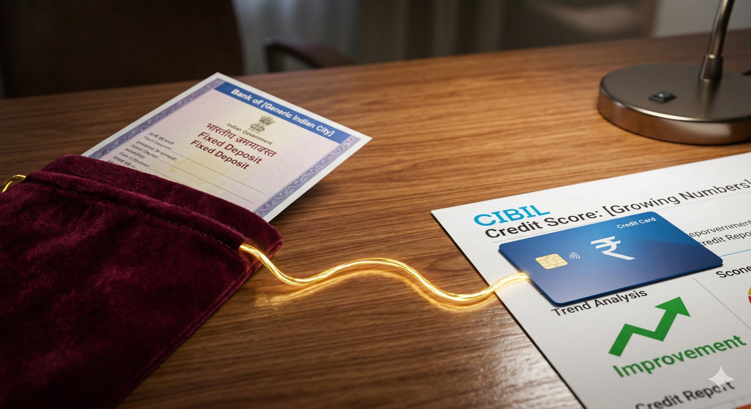 Conceptual image linking a Fixed Deposit to a credit card for CIBIL improvement.