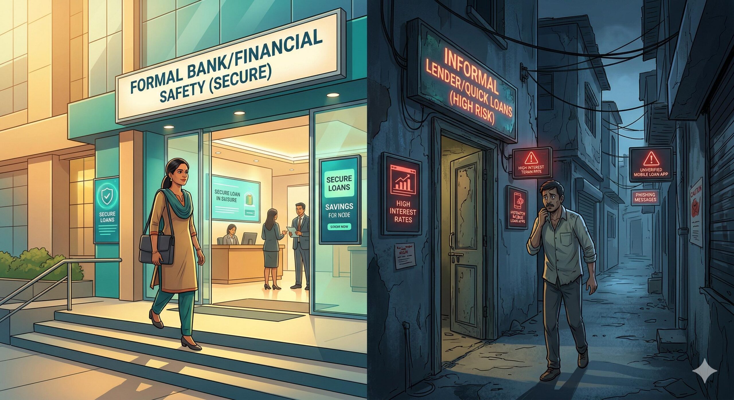Conceptual split illustration contrasting the safe path of formal finance with the dangerous, shadowy alley of informal debt and fraud in India.
