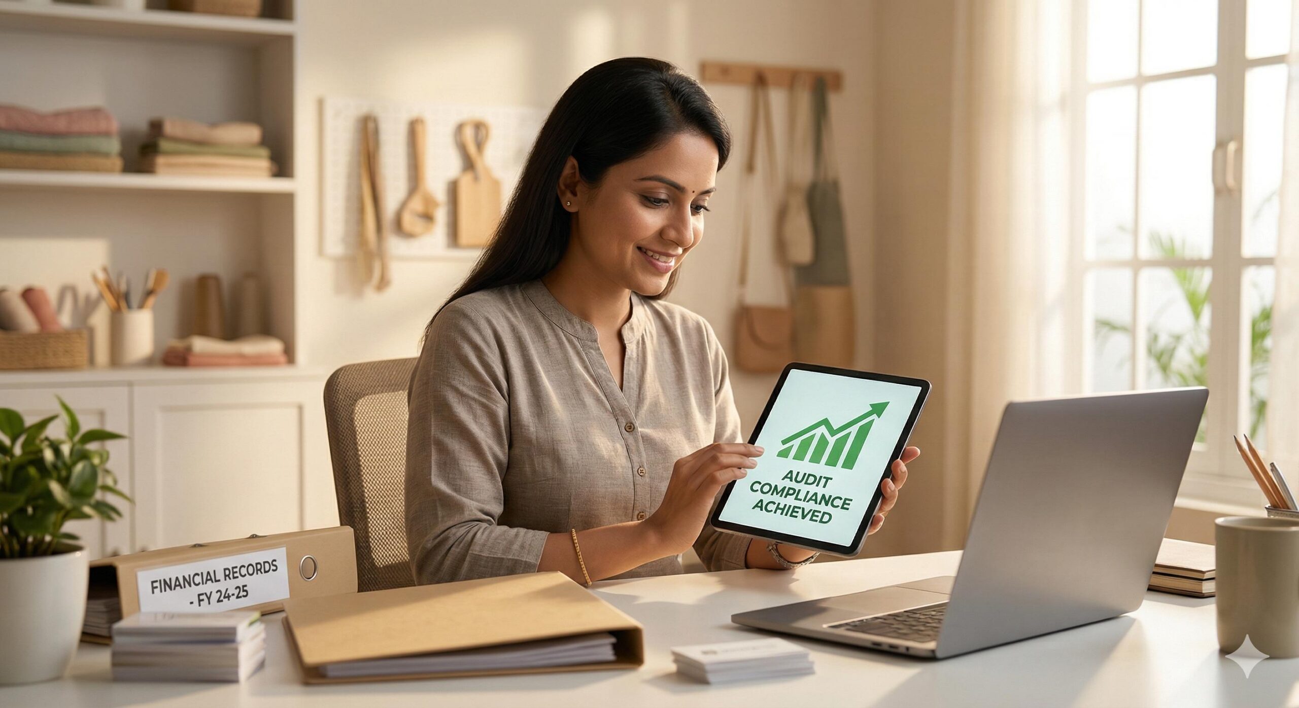 Confident Indian businesswoman achieving audit compliance in her small business studio.