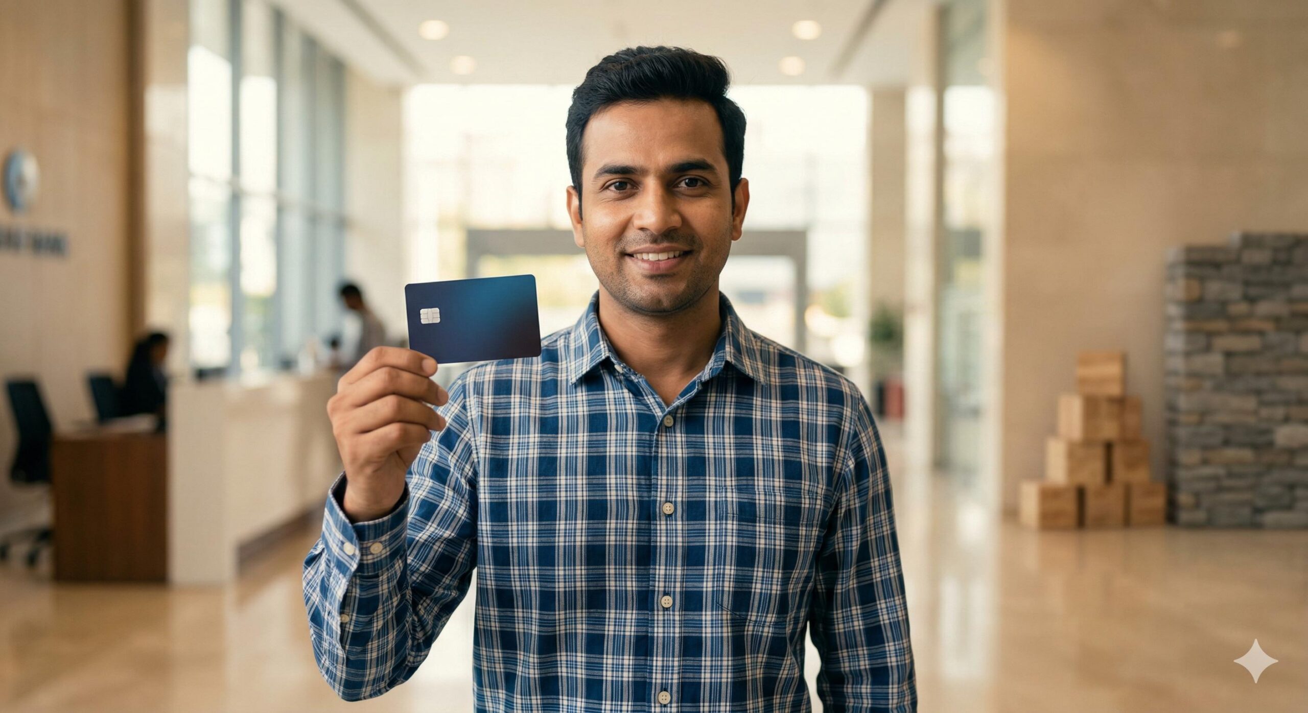 Confident Indian professional holding a credit card, symbolizing rebuilding credit.