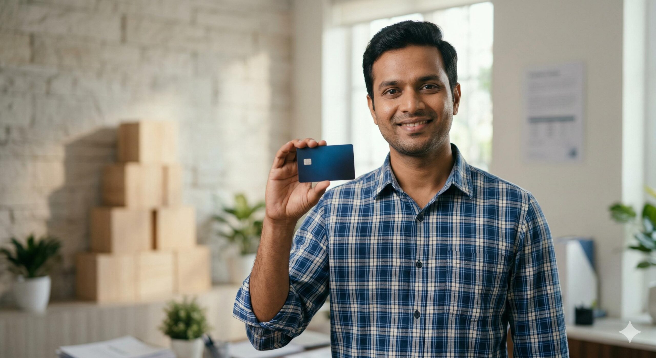 Confident Indian professional holding a credit card, symbolizing rebuilding credit.