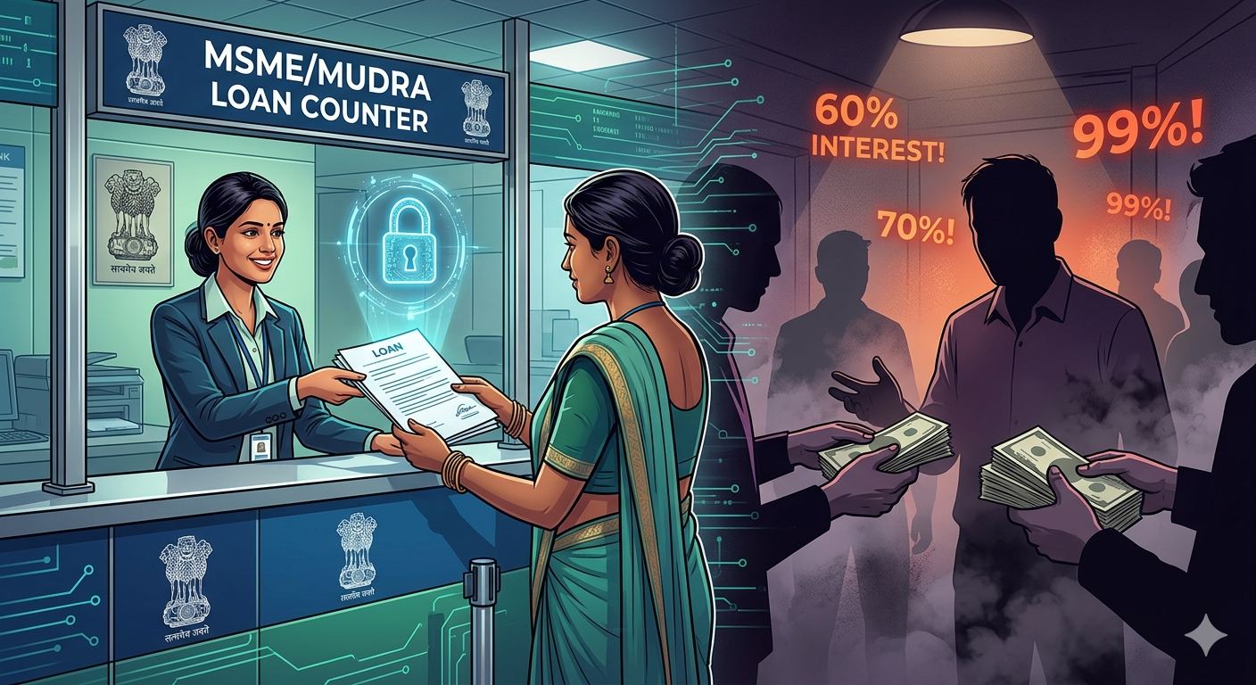 Contrast visualization_ Official Indian bank offering a Mudra loan to a women's group vs. a high-risk moneylender.