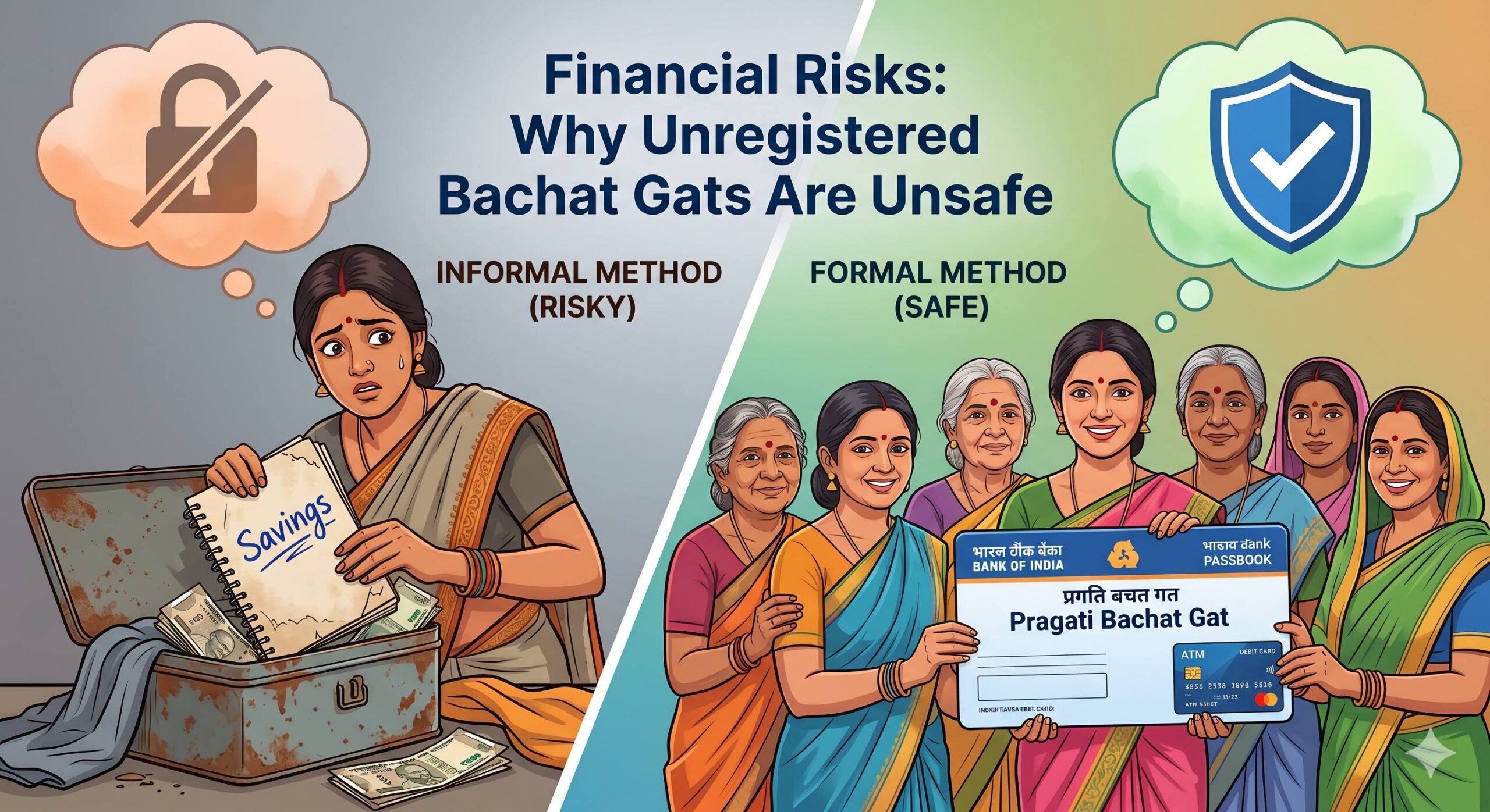 Contrasting graphic_ A nervous woman hiding a loose notebook and cash versus a smiling group with a secure bank passbook.