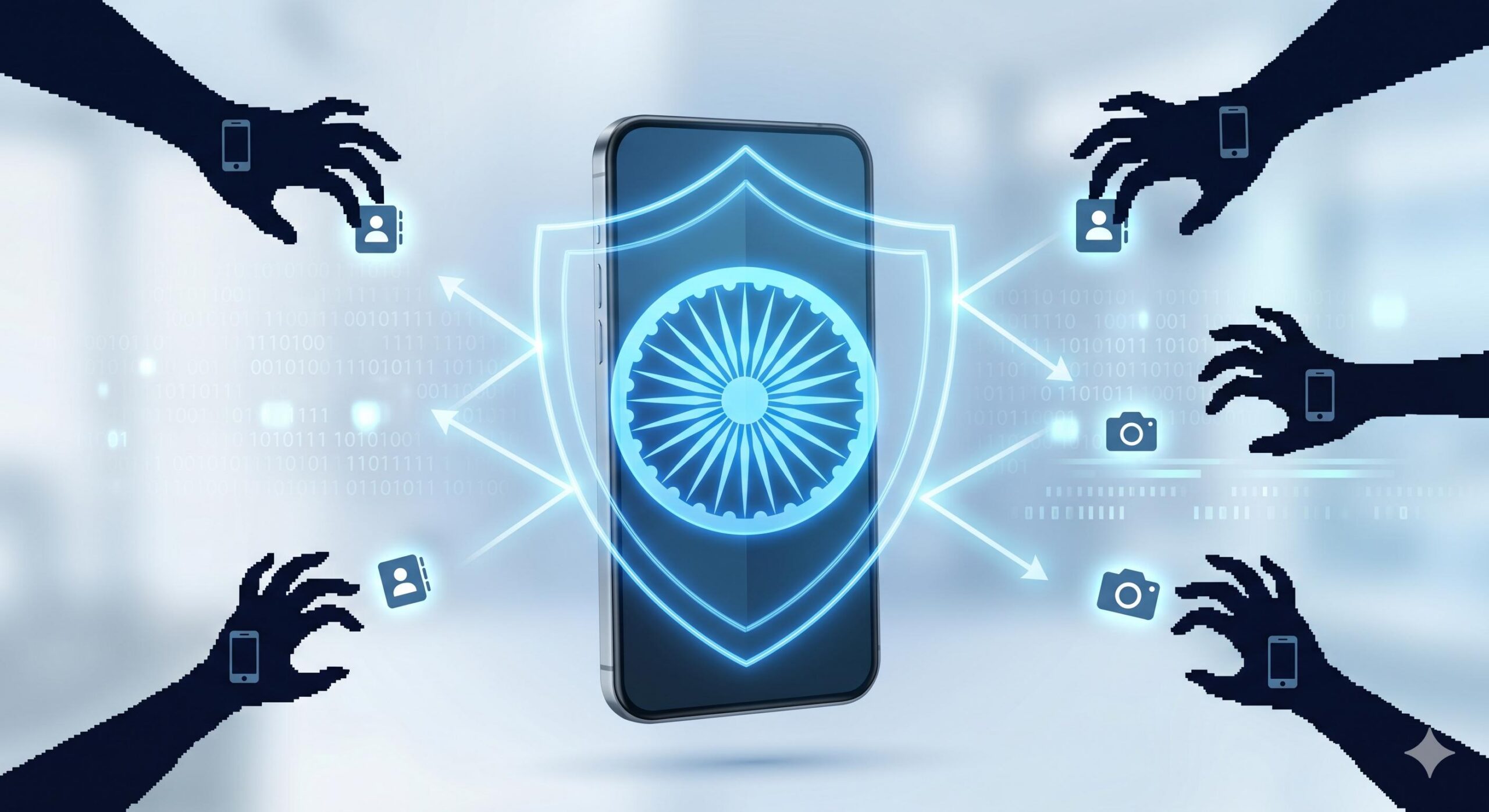 Digital holographic shield protecting a smartphone's data from fraudulent loan apps.
