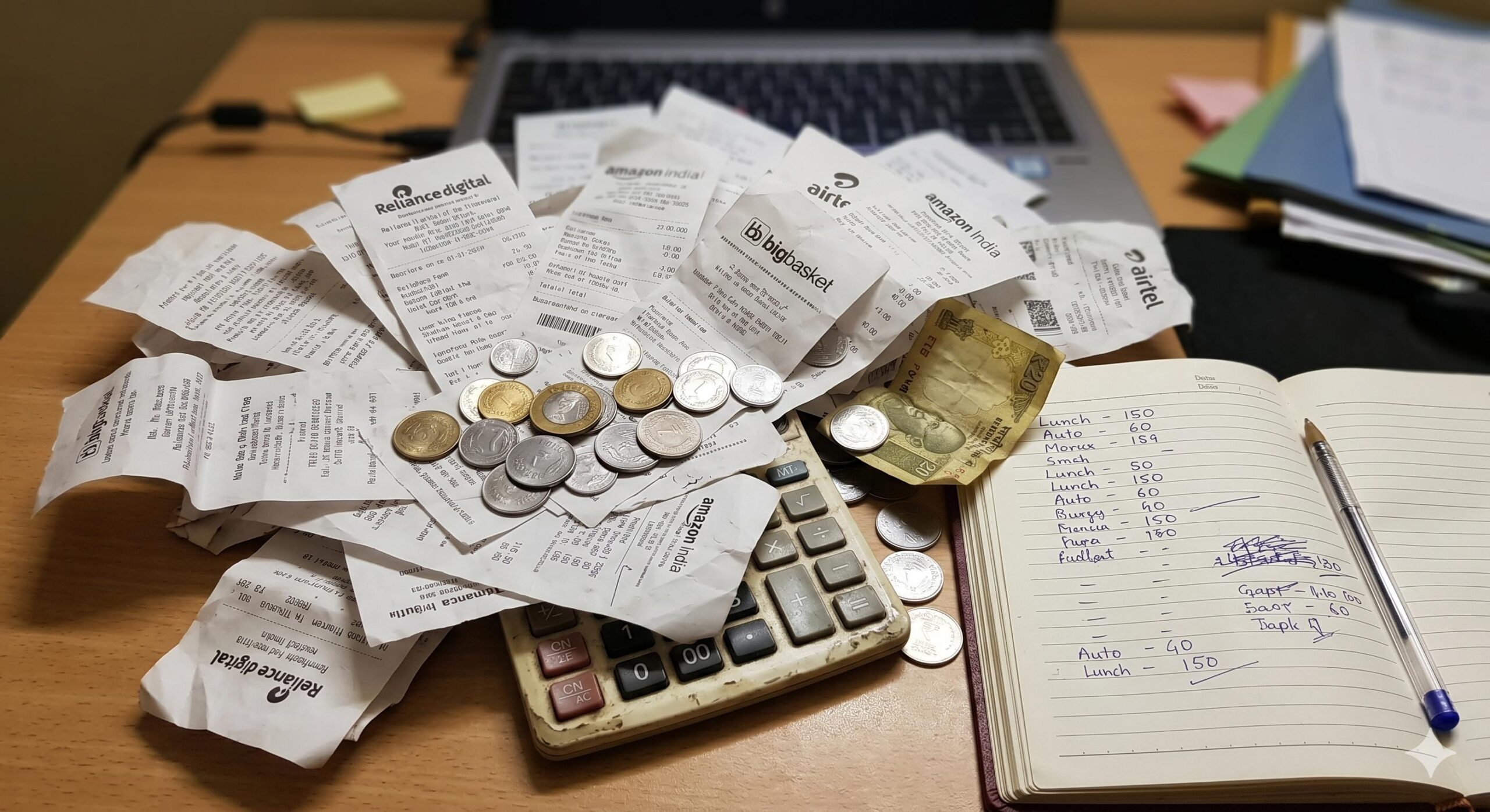 Disorganized Indian paper receipts and coins needing tracking.