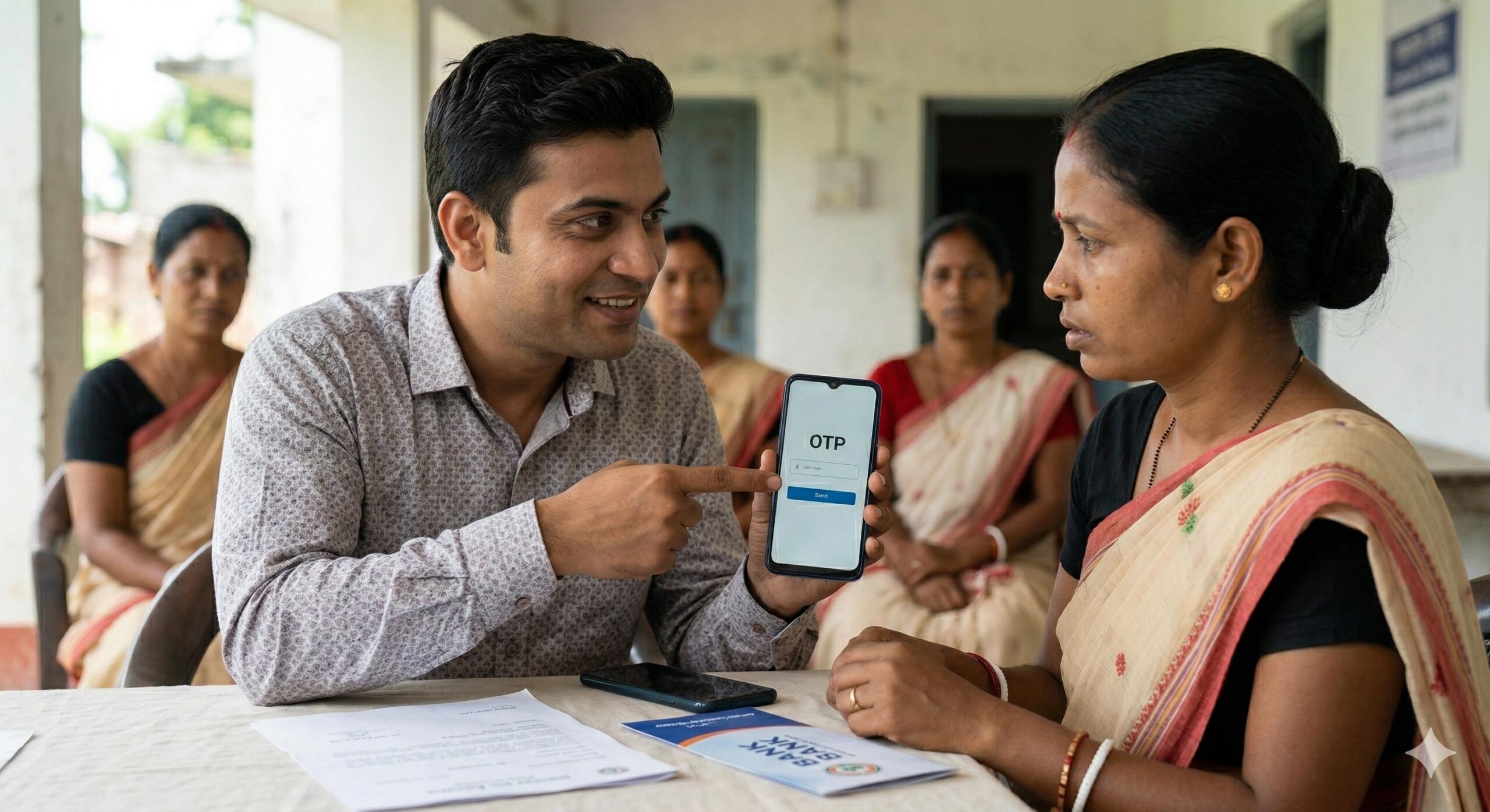 Fraudulent agent attempting to steal OTP from an Indian woman during SHG linkage. 