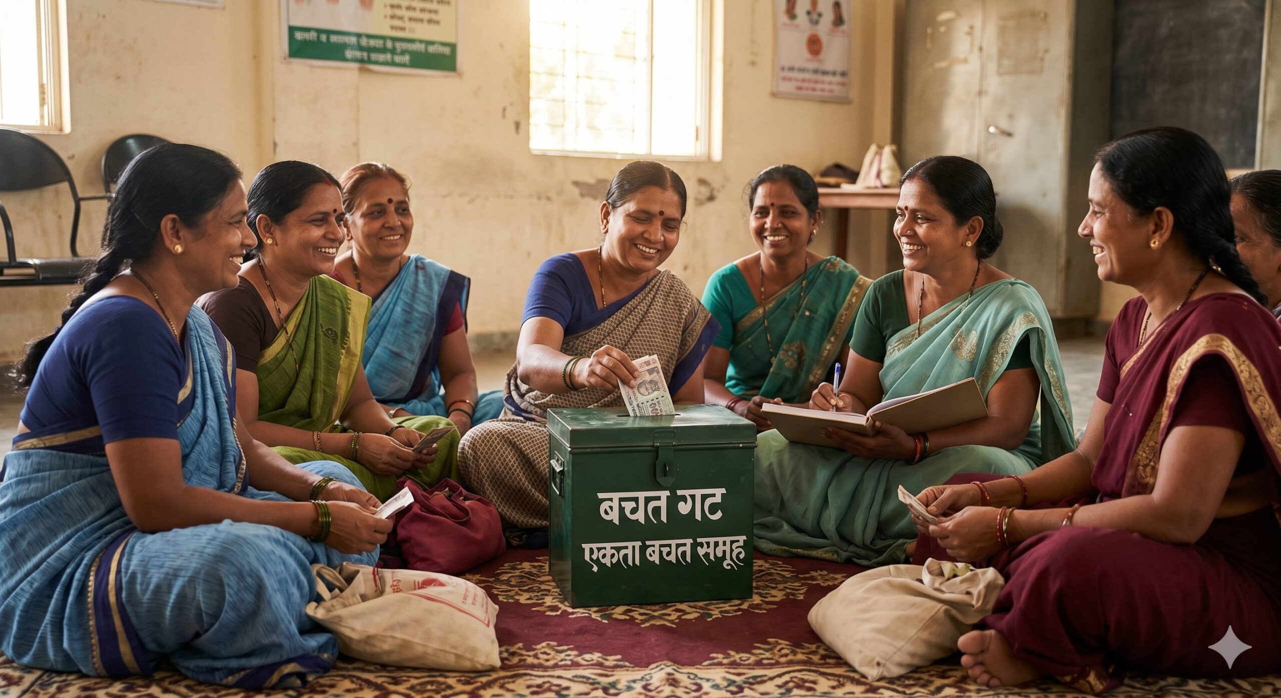 Group of diverse Indian women in a community hall smiling and pooling their monthly savings into a secured box.