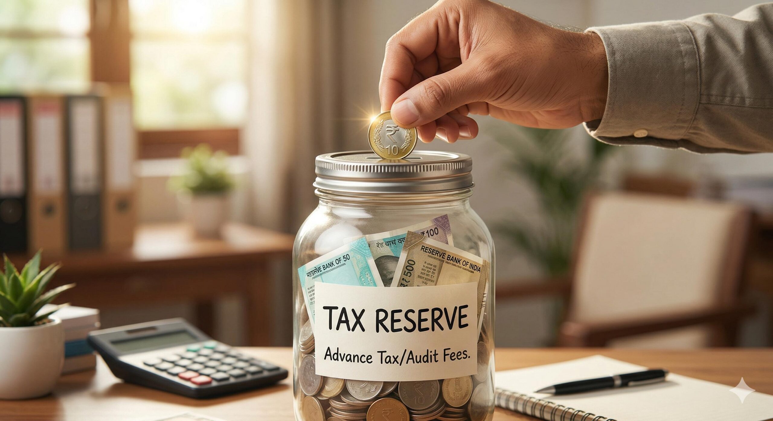 Hand placing a coin into a glass savings jar labeled _TAX RESERVE_ for small business planning.