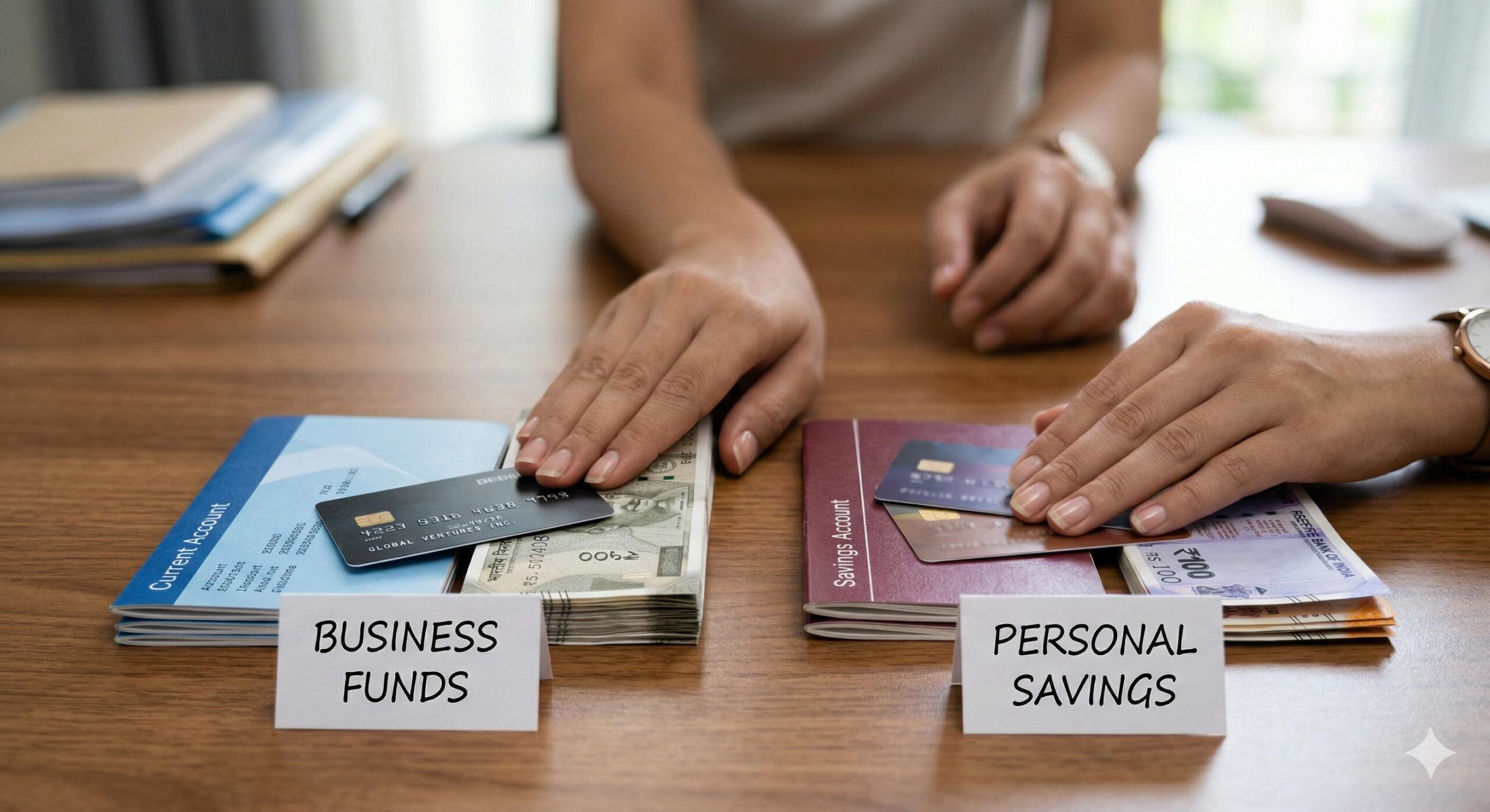 Hands separating two distinct labeled stacks_ Business funds and personal savings passbooks.