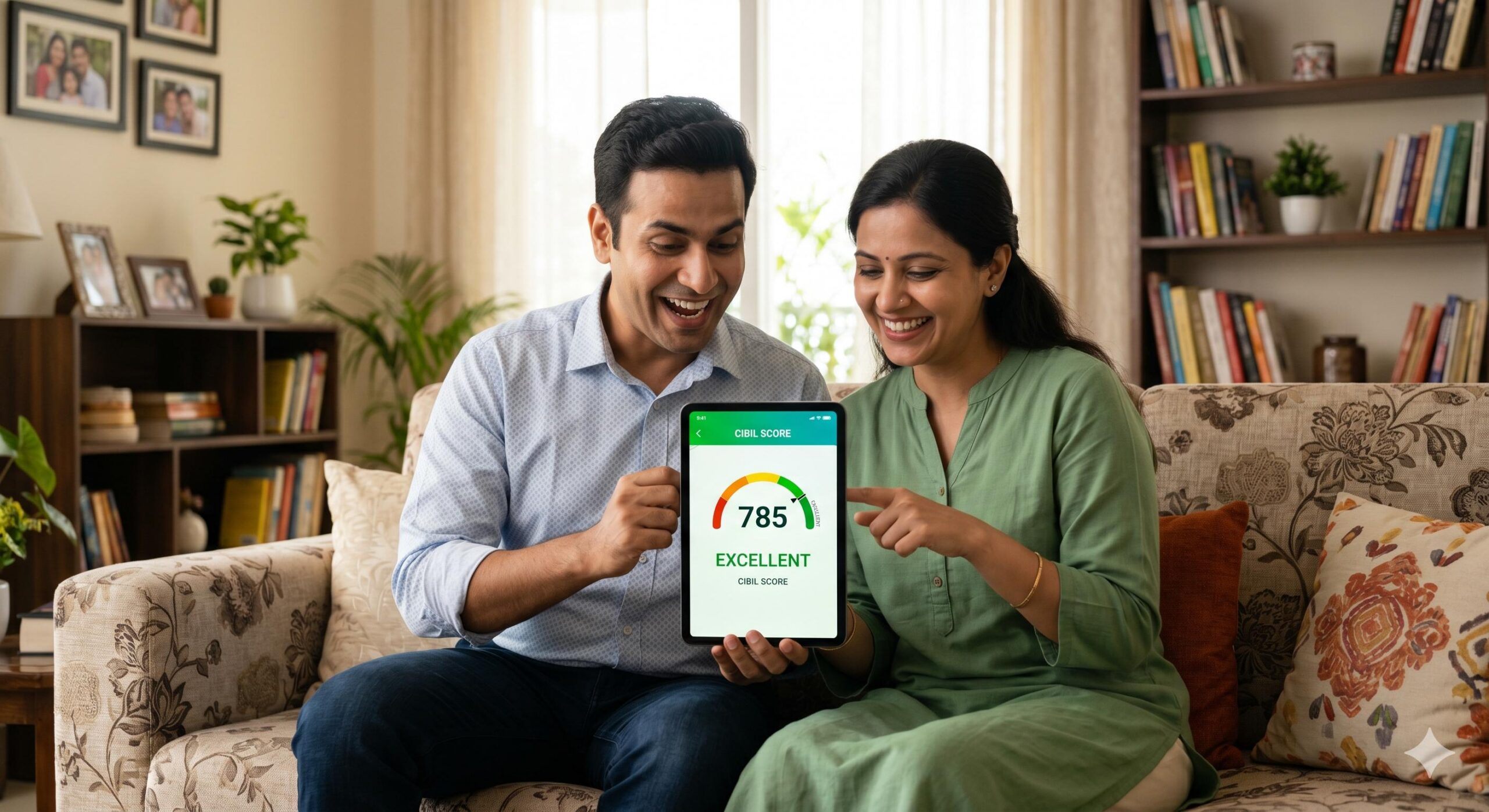 Happy Indian couple viewing high CIBIL score on tablet at home.