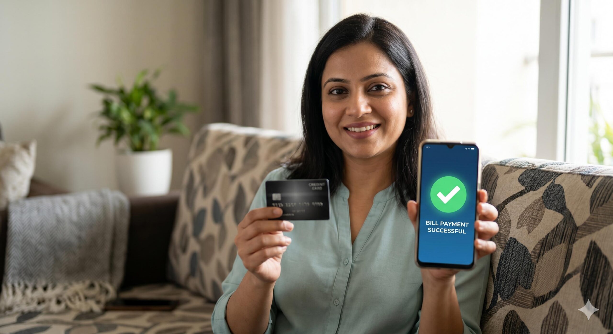Happy Indian professional successfully paying credit card bill on a smartphone.