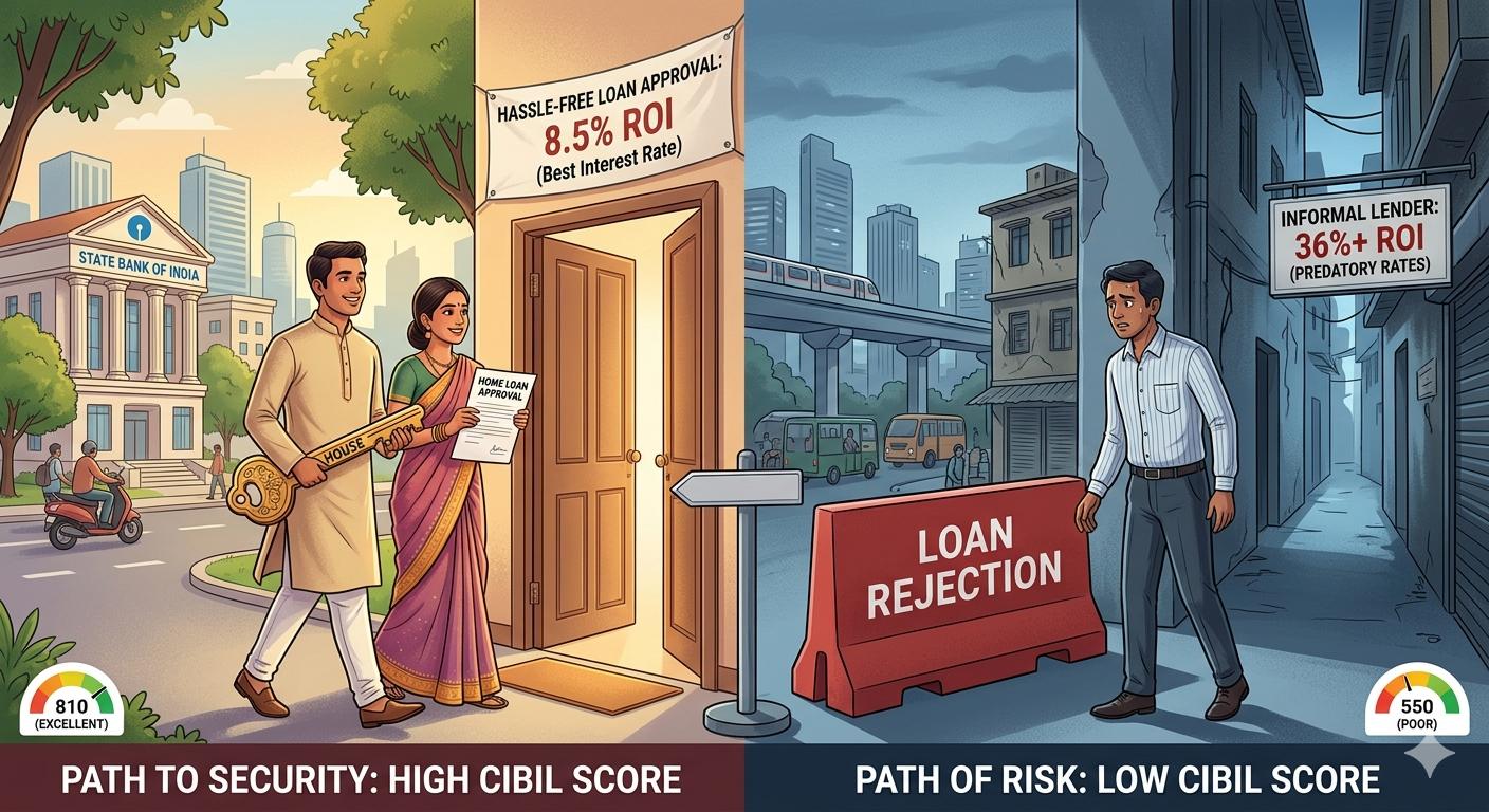 Illustration comparing home loan approval (good CIBIL score) with loan rejection and predatory lending (bad score) in India.