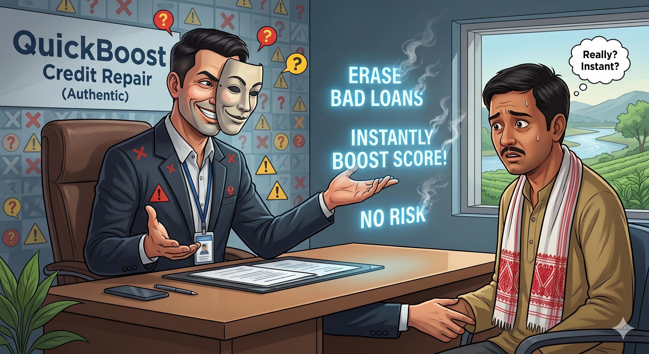 Illustration of a deceptive 'credit repair' agent subtly using mask metaphors and false promises while reaching for money.