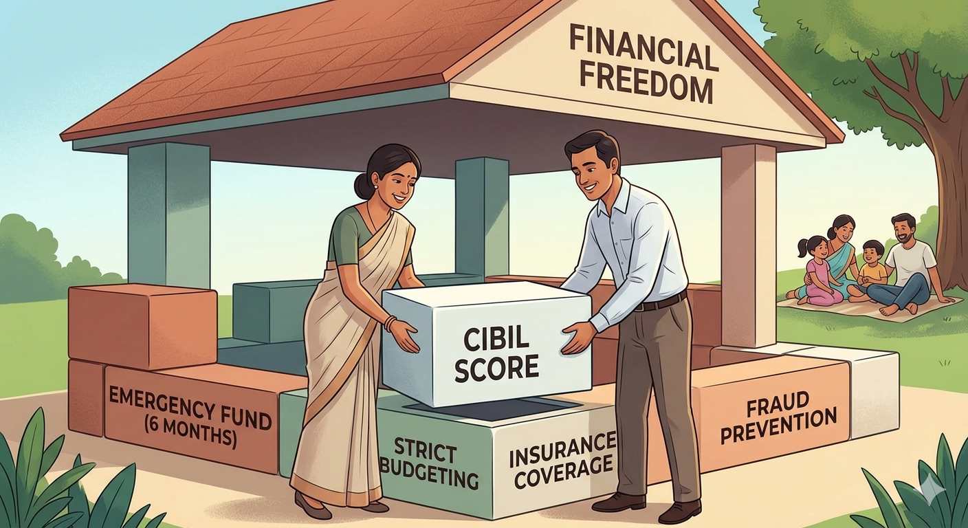 Illustration of an Indian couple building a secure house made of blocks representing budgeting, emergency funds, fraud prevention, and a CIBIL score.