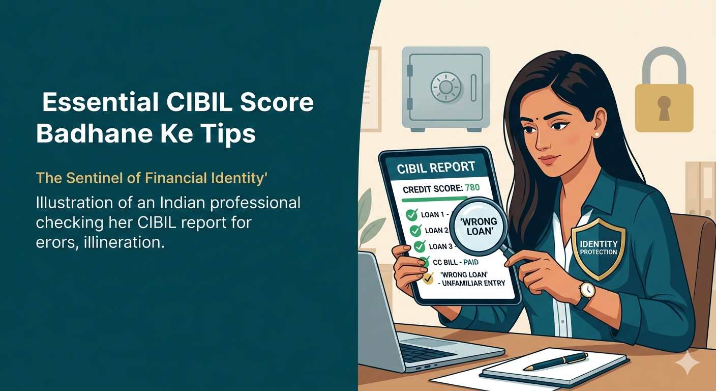 Illustration of an Indian professional checking her CIBIL report for errors, representing financial data protection.