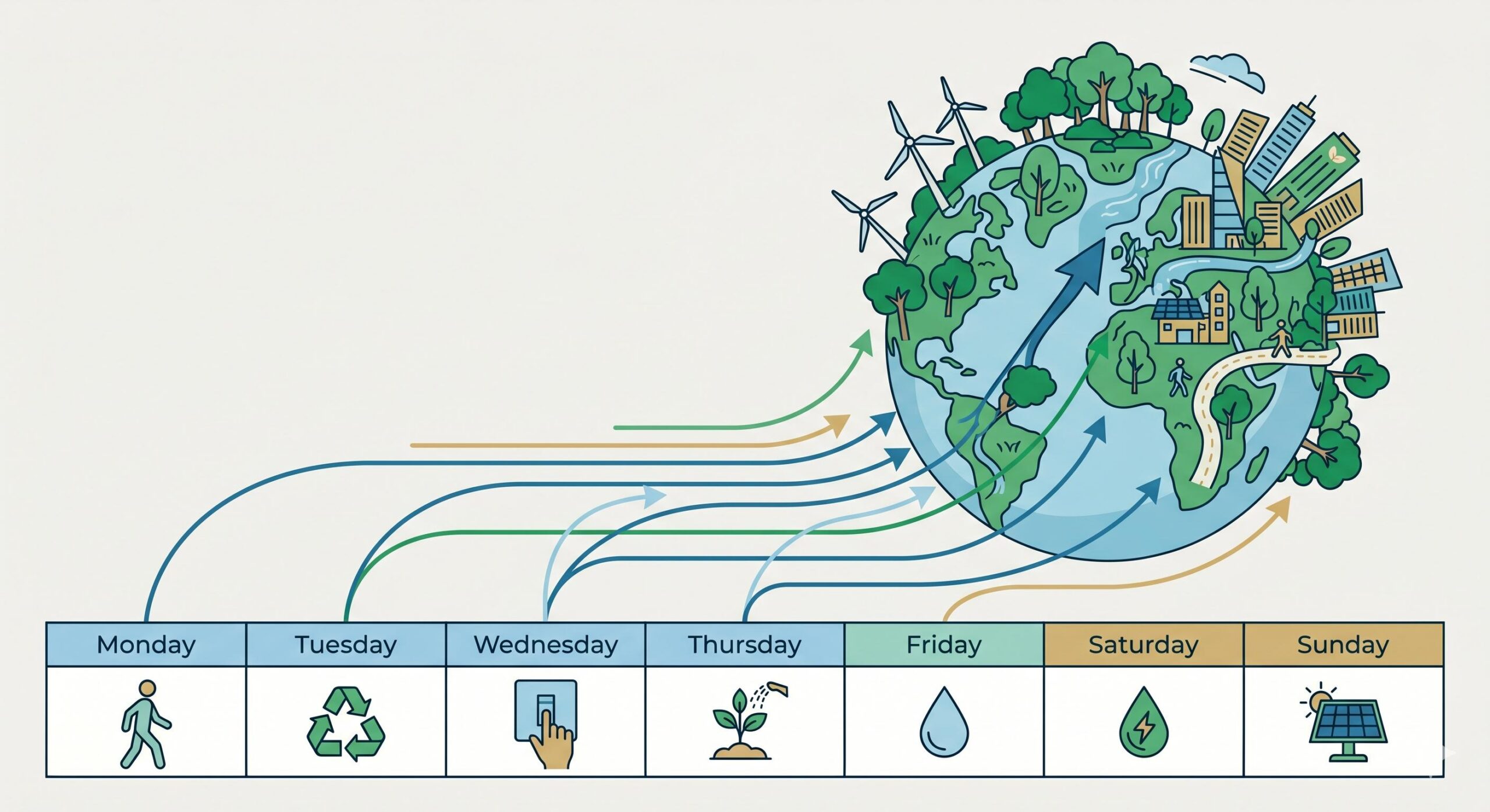 Illustrative infographic connecting personal sustainable actions to global impact.
