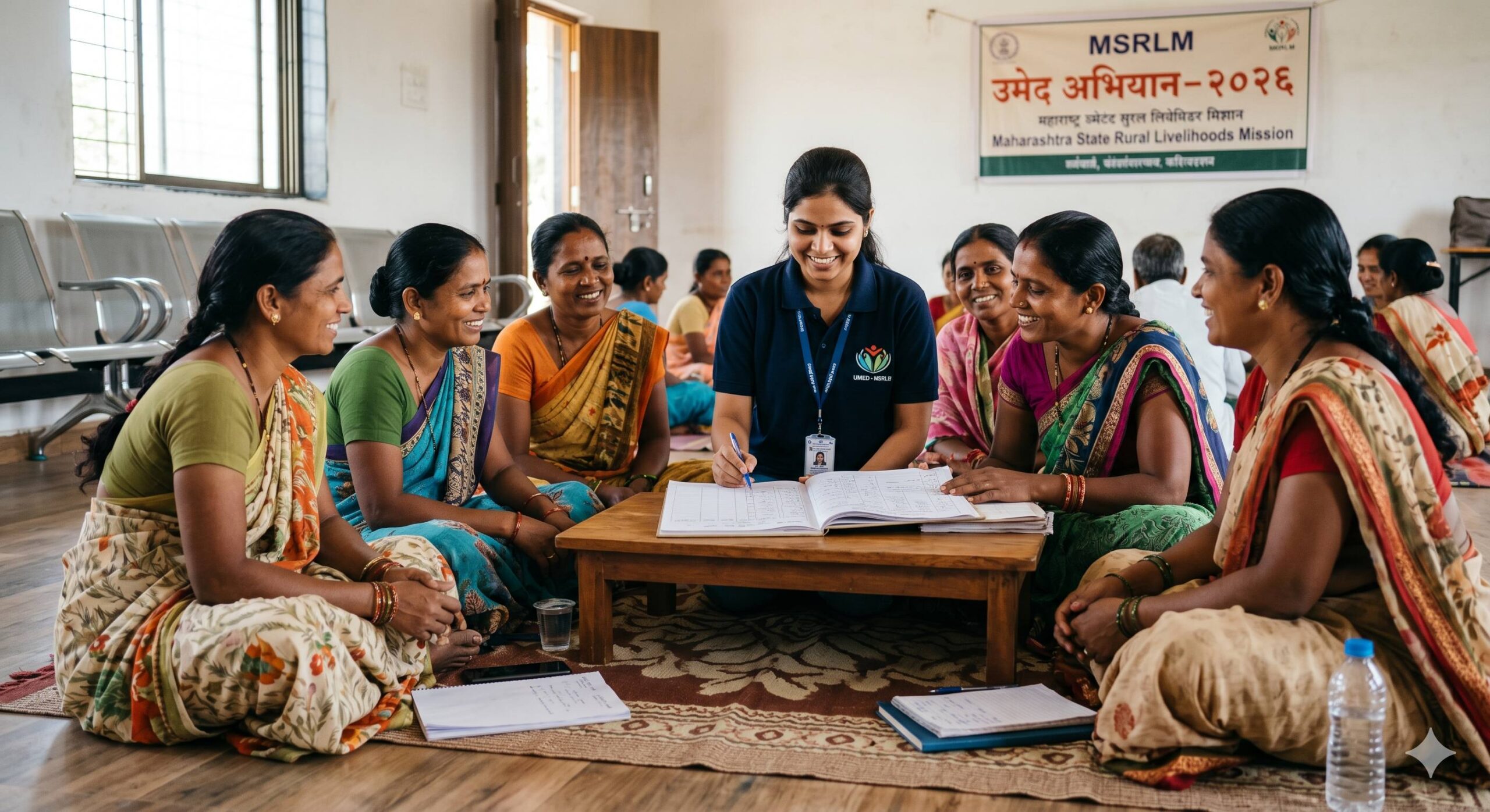 Indian Marathi women in a community hall collaborating with an official Umed representative.