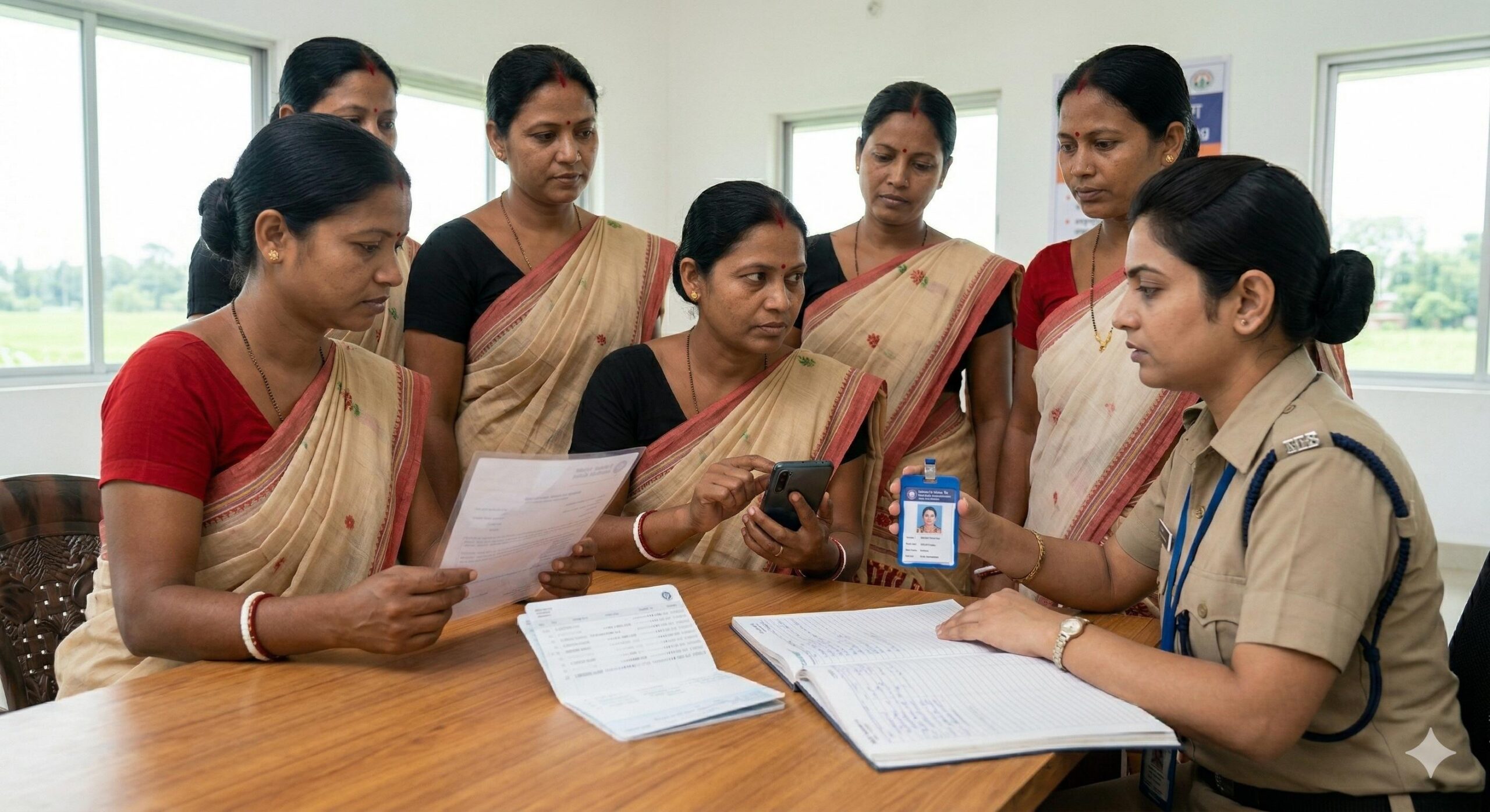Indian SHG members practicing the _Zero OTP_ rule and verifying bank official's identity.