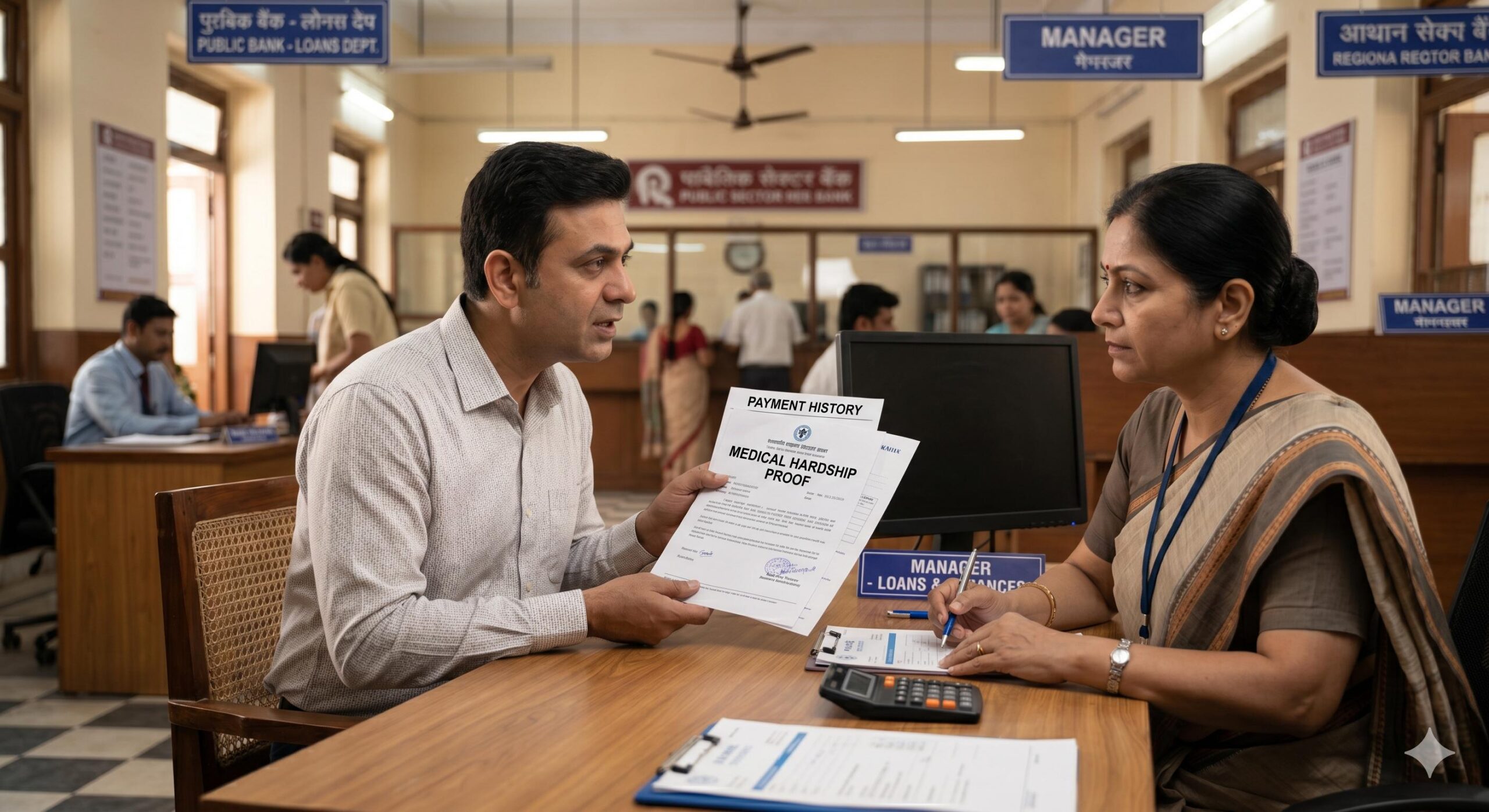 Indian borrower negotiating a loan settlement at a bank.