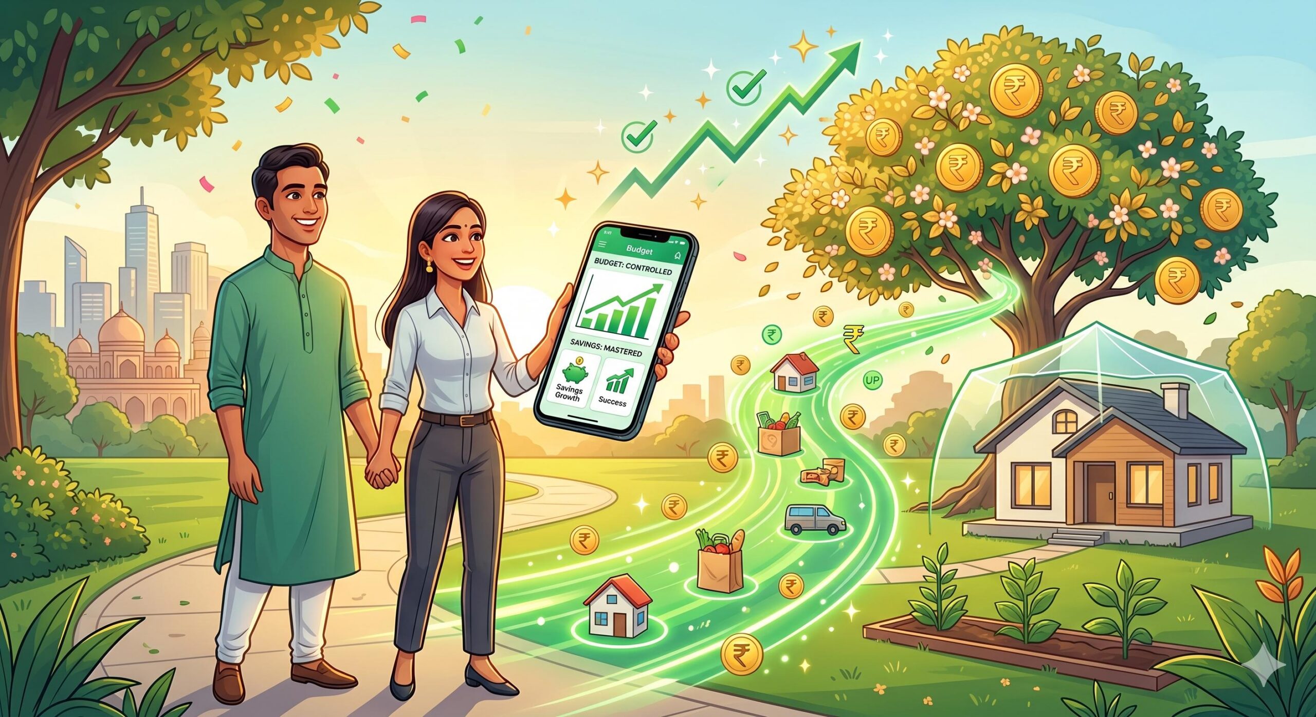 Indian couple successfully building wealth and future progress using a budget.