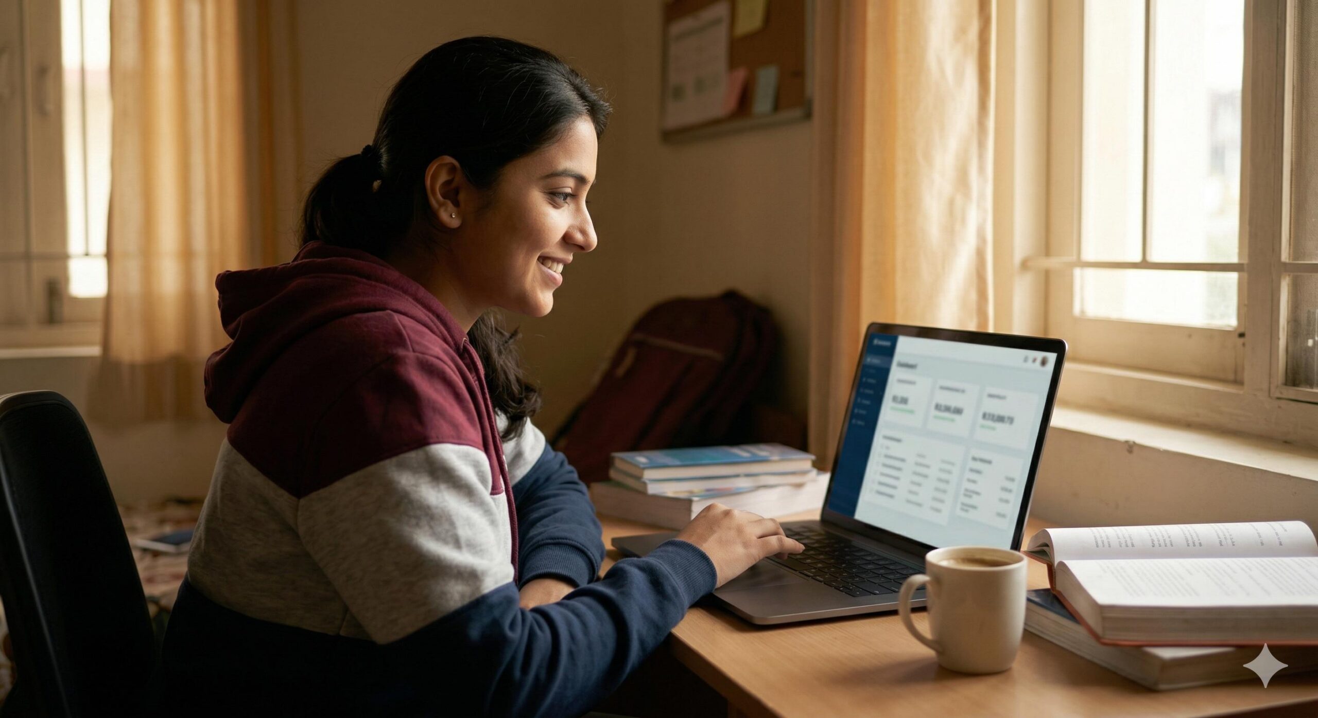Indian female college student smiling while working on her laptop for side income.